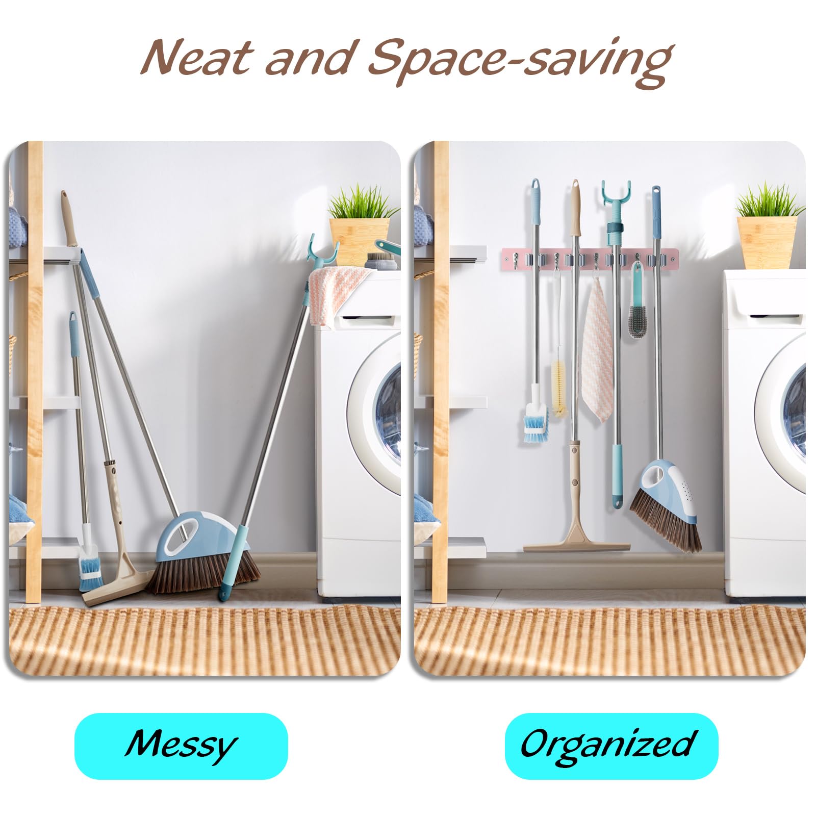 Pink Wall Mount Broom Holder with 4 Slots & 4 Hooks - Wooden Mop Hanger Organizer for Pantry, Closet, Laundry Room & Kitchen - Space Saving Storage Solution for Pink Kitchen Decor - Perfect for Small Spaces and Home Organization