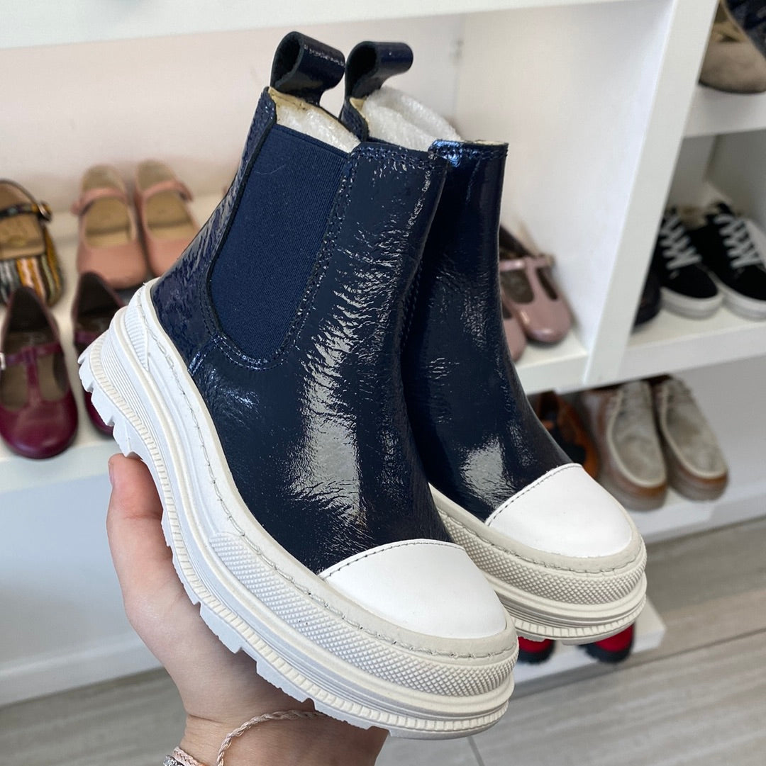 Blublonc Navy Patent Leather Slip On Sneaker Boots for Women - Waterproof Chelsea Ankle Booties for Casual Wear, Work & Outdoor Activities