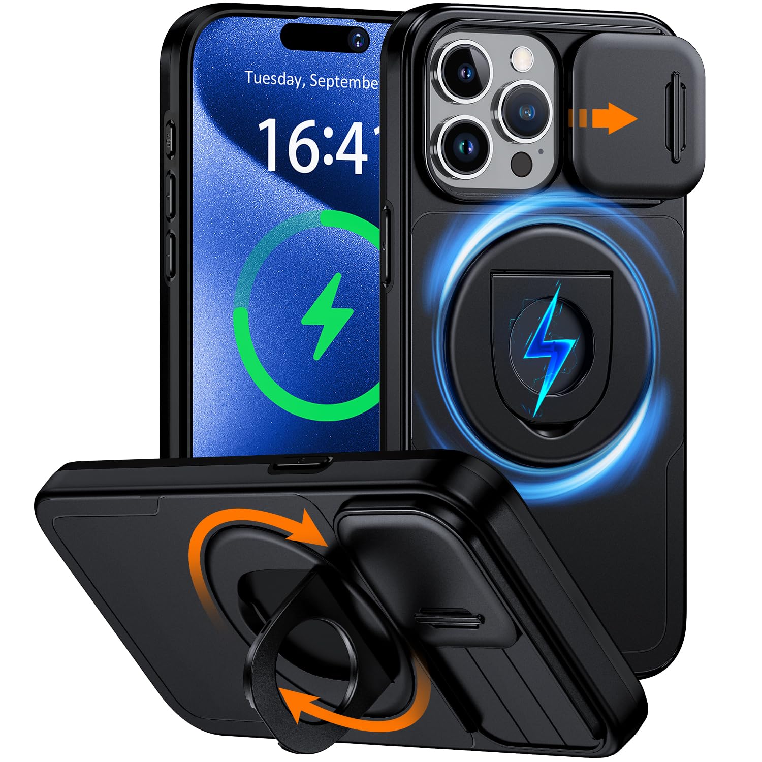 360° Rotatable Magnetic Ring iPhone 13 Pro Max Case with Camera Cover - MagSafe Compatible, Built-in Invisible Stand & Military-Grade Drop Protection | Shockproof Black Phone Cover for iPhone 13 Pro Max | Perfect for Travel, Work & Outdoor Activities