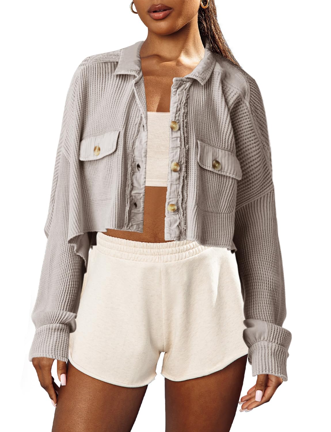 Panadila Women's Cropped Waffle Knit Shacket - Short Sleeve Button Down Jacket with Batwing Sleeves & Pocket | Casual Fall Layering, Spring Outerwear, Office Cardigan Alternative