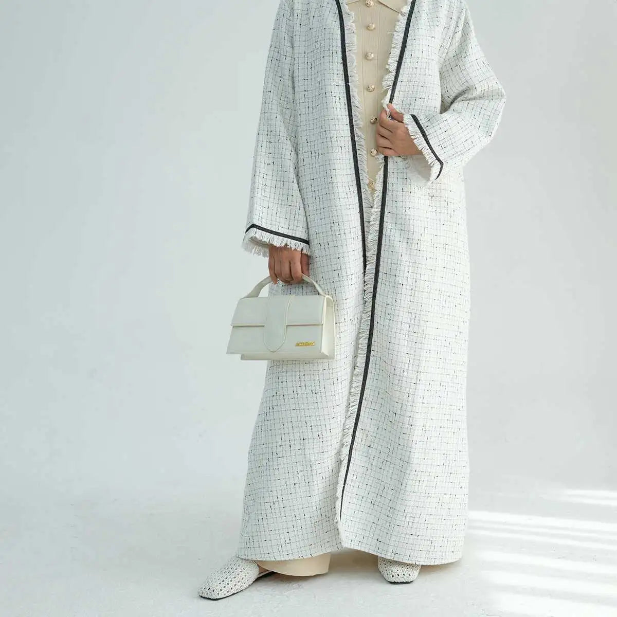 Winter Fall Thick Tassel Tweed Cardigan Open Abaya Coat - Women's Fashion Outerwear for Cold Weather, Layering & Modest Style