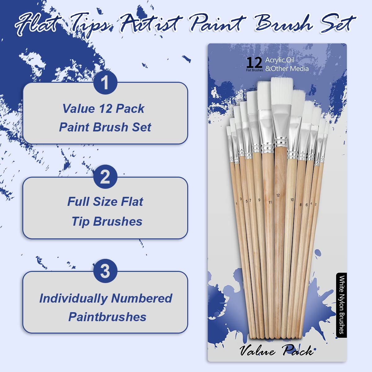 Artkey 12-Pack Professional Flat Tip Paint Brushes Set - Nylon Hair with Long Birchwood Handle for Acrylic, Oil, Watercolor, Gouache & Tempera - Perfect for Canvas Painting, Face Art & Nail Designs - Ideal for Artists, Beginners & DIY Craft Projects