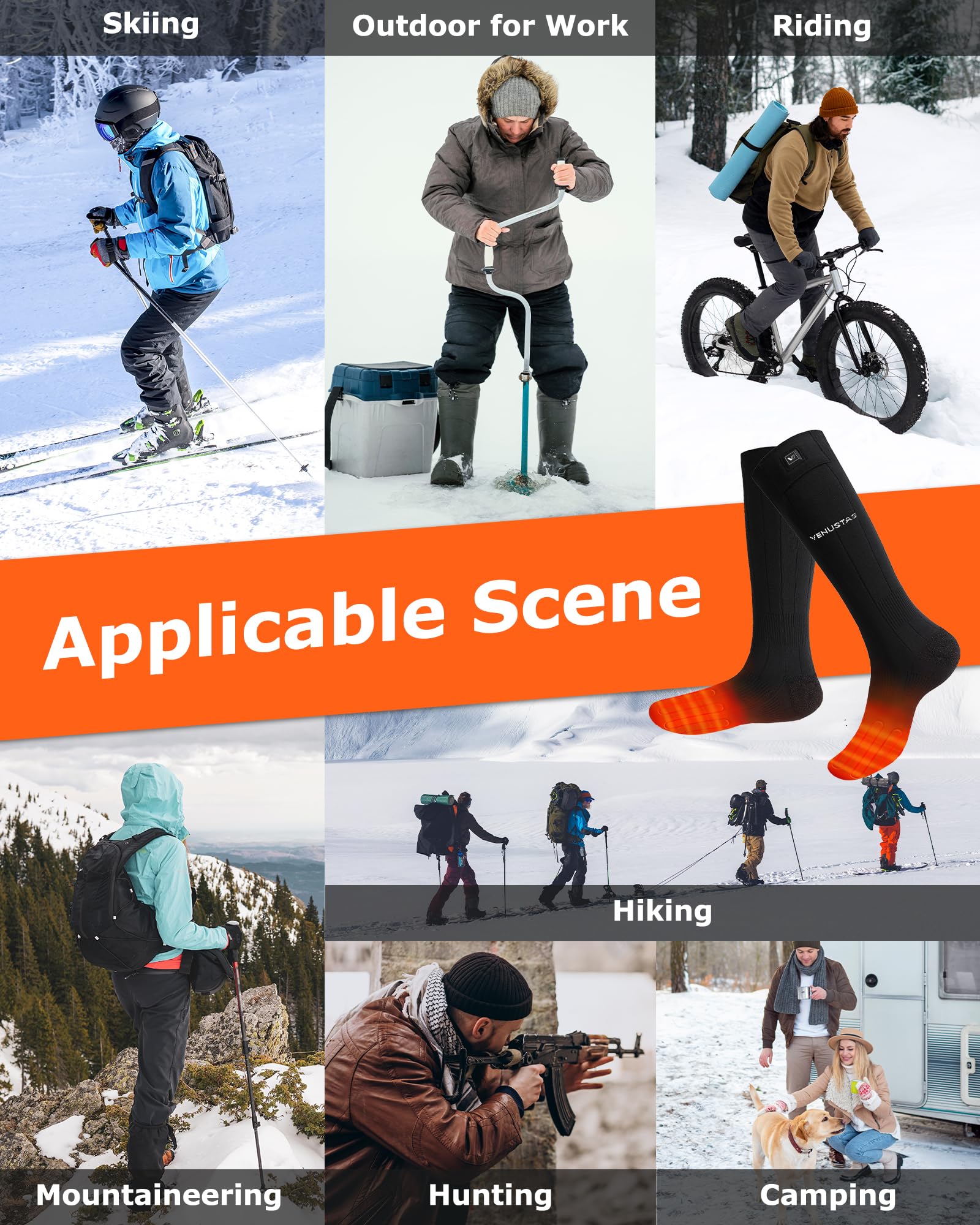 Venustas Rechargeable Heated Socks for Men & Women - Battery-Powered Winter Warm Socks for Hunting, Skiing, Hiking & Outdoor Activities - Keep Feet Toasty in Cold Weather