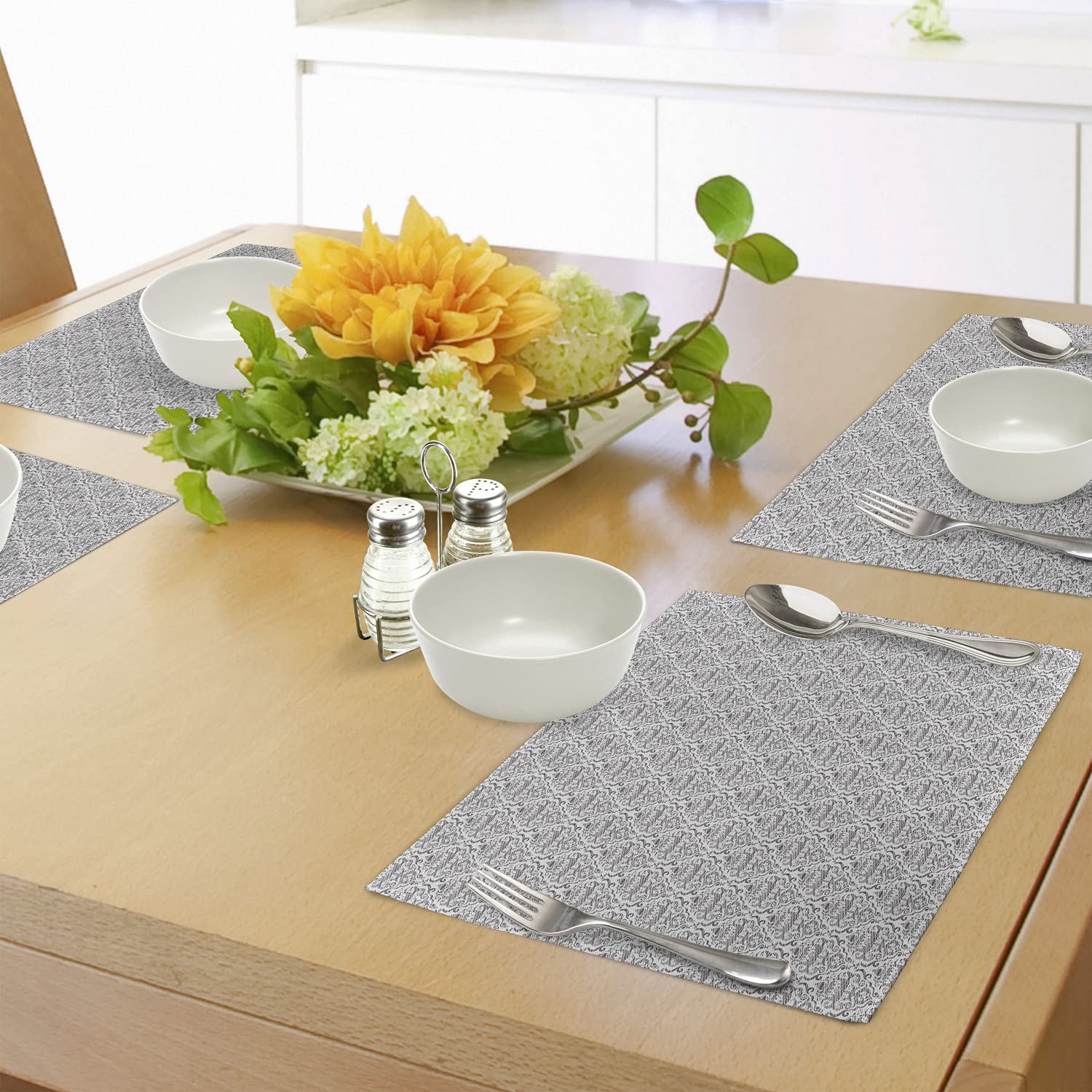 Ambesonne Victorian Place Mats Set of 4 - Grunge Hatched Look with Curlicue Swirling Ornamental Motif - Washable Fabric Dining Table Placemats in Dark Blue Grey & Pale Blue - Perfect for Elegant Dinner Parties, Holiday Gatherings & Home Decor