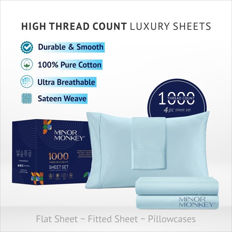 Luxury 1000 Thread Count California King Size Egyptian Cotton Sheets Set - 4Pc Soft Sateen Weave Bedding with 16