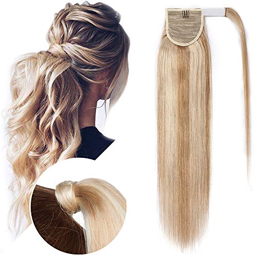 Hairro 20 Inch Real Human Hair Ponytail Extension for Women - Wrap Around Ponytail Hairpiece, Straight, 95g, #18P613 Ash Blonde Mix Bleach Blonde - Perfect for Parties, Weddings & Everyday Styling