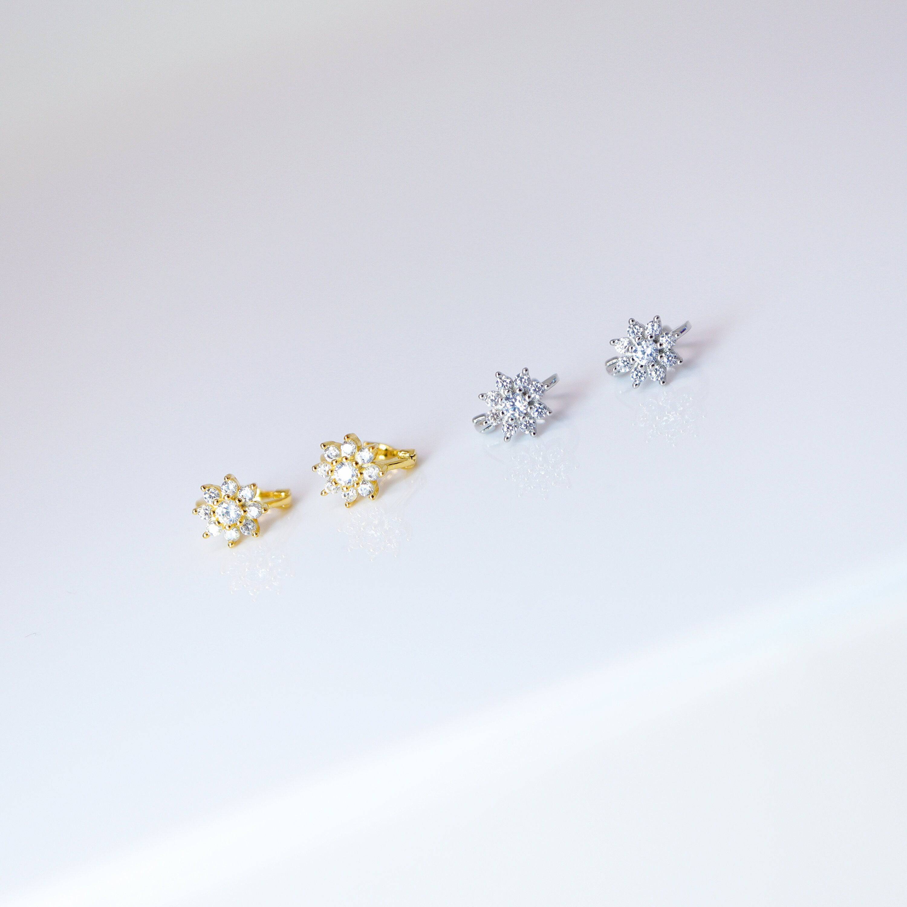 6mm Swarovski Crystal 14k Gold & Sterling Silver Flower Cartilage Hoop Earrings - Statement Earrings for Upper Helix, Tragus, Conch Piercing - Perfect for Parties, Weddings & Everyday Wear