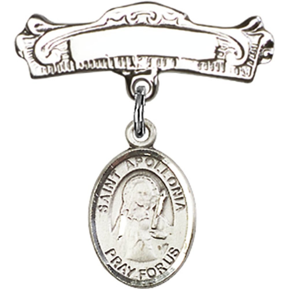 Sterling Silver Baby Badge with St. Apollonia Charm - 7/8 X 7/8 Inch Arched Polished Pin - Perfect for Christening Gifts, Baby Blessings & First Communion Jewelry
