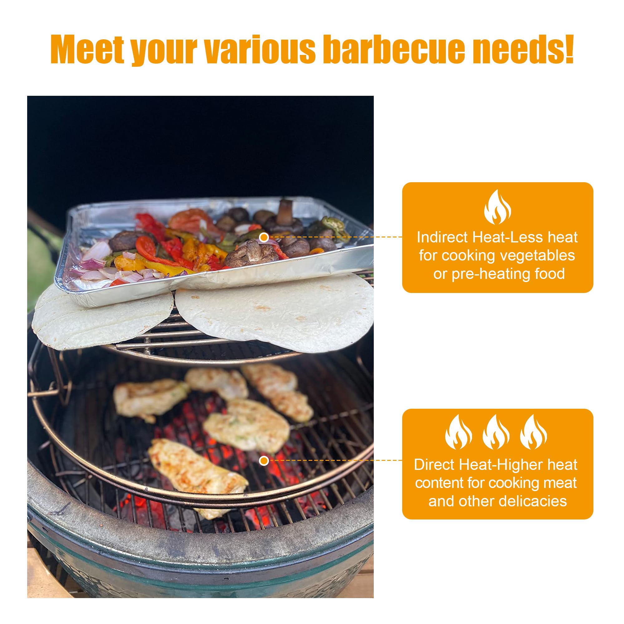 BBQ-PLUS Heavy Duty Stainless Steel 3-Tier 5-Piece Grill Basket Accessories with Removable Cooking Rack System - Replacement Kit for Large Big Green Egg - Perfect for Backyard BBQ, Grilling, Smoking & Outdoor Cooking
