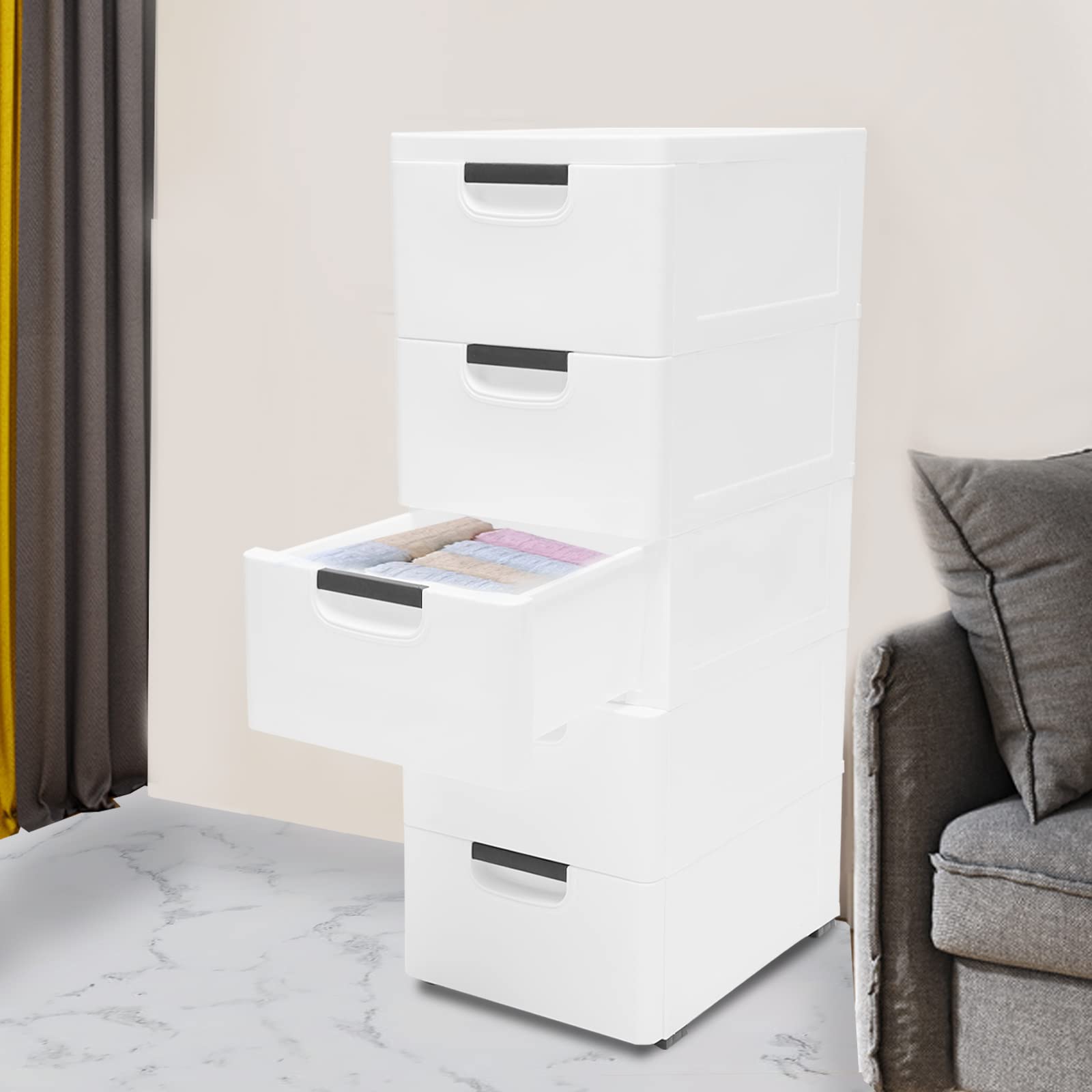 LOYALHEARTDY 5-Drawer Plastic Storage Dresser with Wheels - White Organizer Cabinet for Toys, Snacks, Clothes | Perfect for Bedroom, Living Room, Playroom & Kids Room Organization