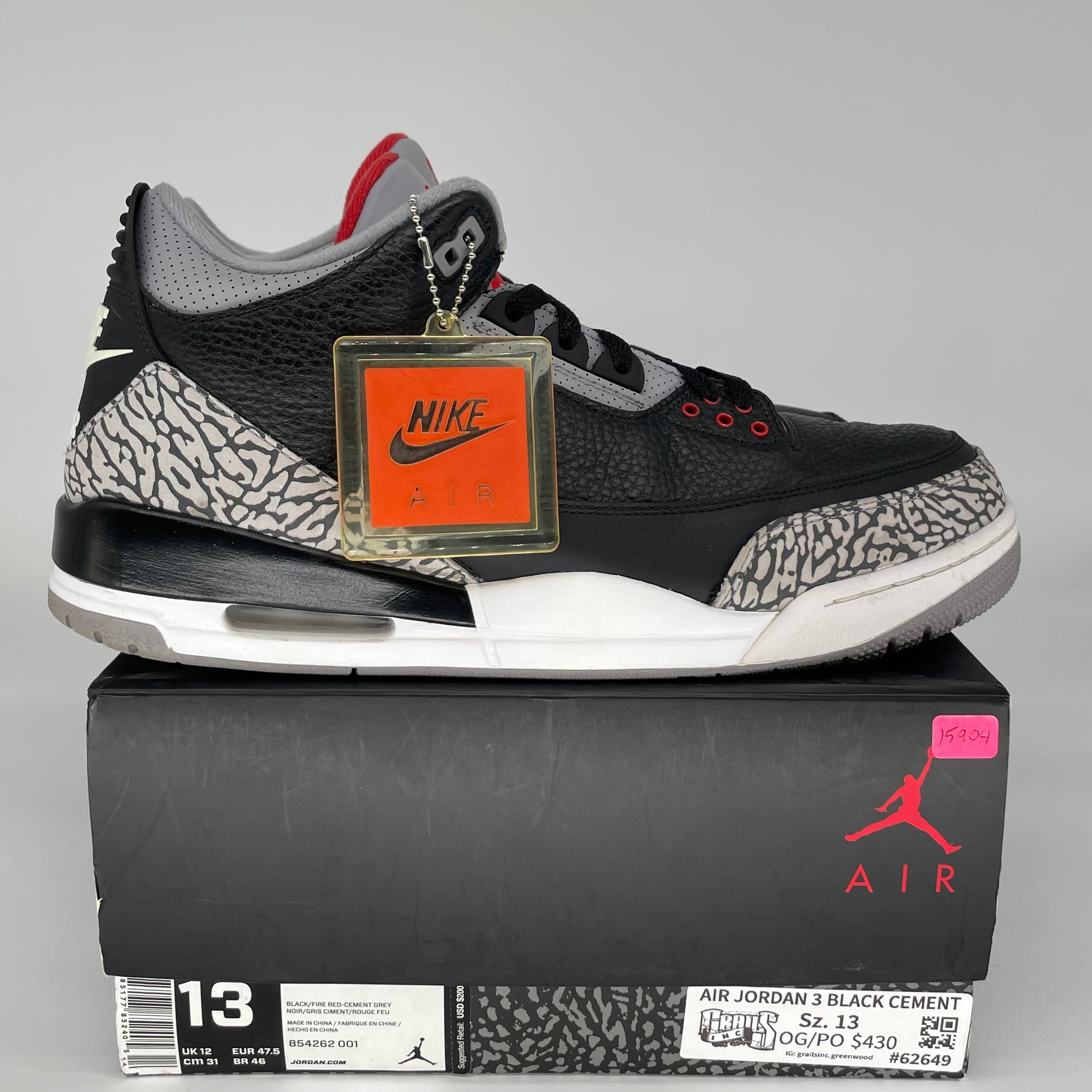 Original Air Jordan 3 Retro 'Black Cement' Men's Basketball Shoes - Size 13 (854262-001) - Perfect for Sneaker Collectors & Streetwear Fashion