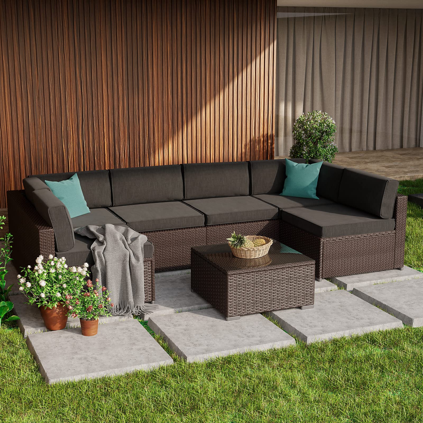 7-Piece Dark Gray Rattan Patio Furniture Set - Outdoor Sectional Sofa with Wicker Design for Garden, Poolside & Backyard Relaxation