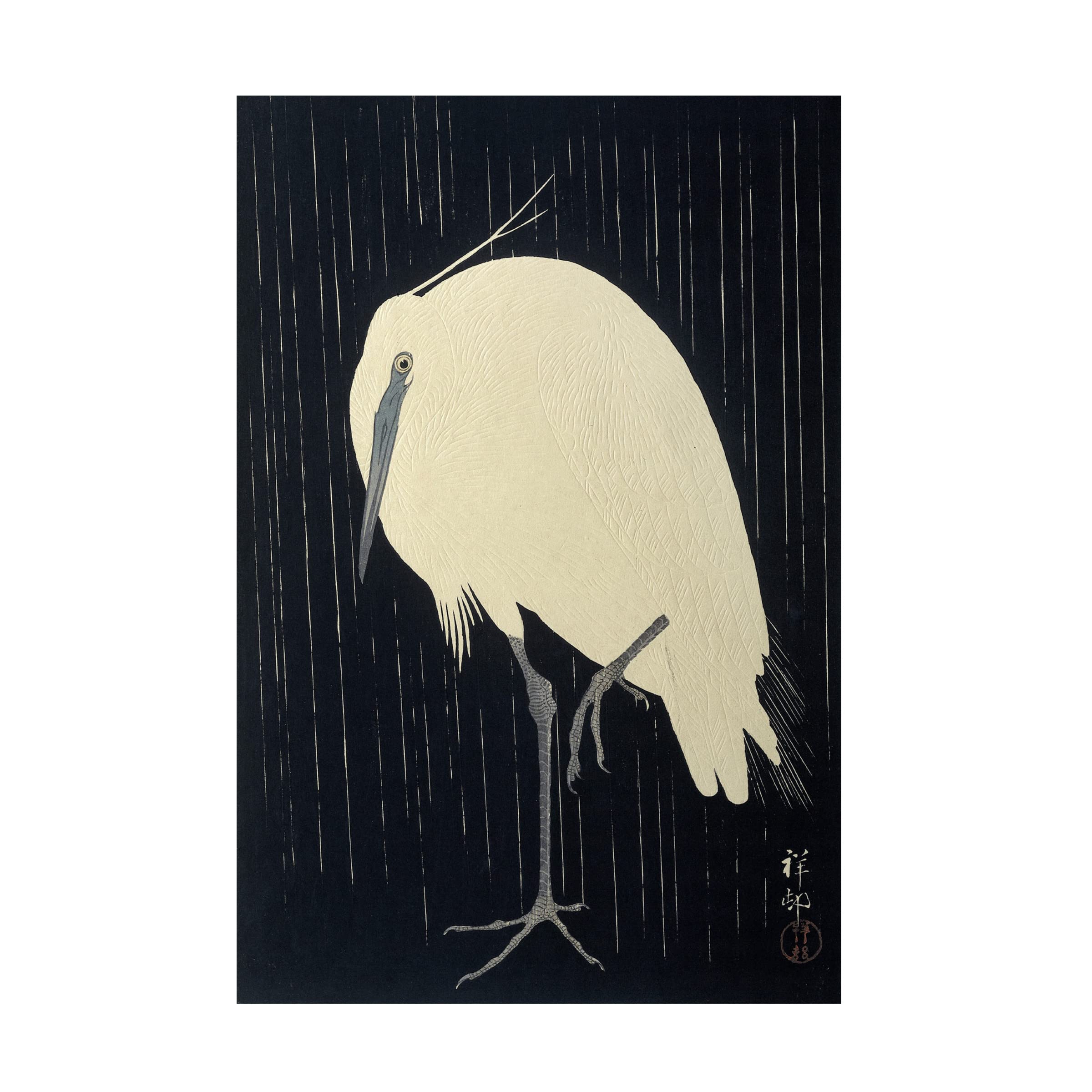 Ohara Koson 'Egret In The Rain' Canvas Wall Art Print (1925-1936) - Japanese Nature Painting for Living Room, Bedroom & Office Decor