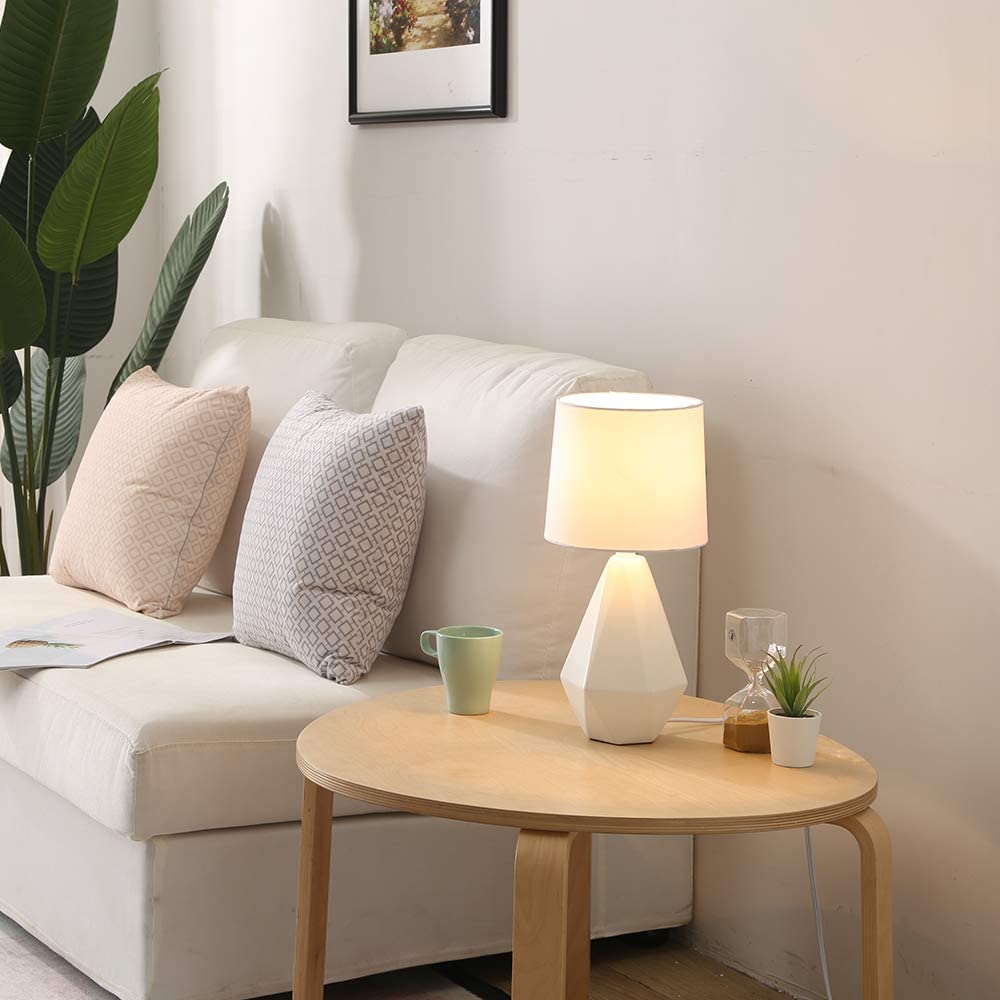 Modern White Ceramic Table Lamp - Irregular Geometric Bedside Nightstand Lamp with Fabric Shade for Bedroom, Living Room & Kitchen | Perfect for Reading, Decor & Ambient Lighting
