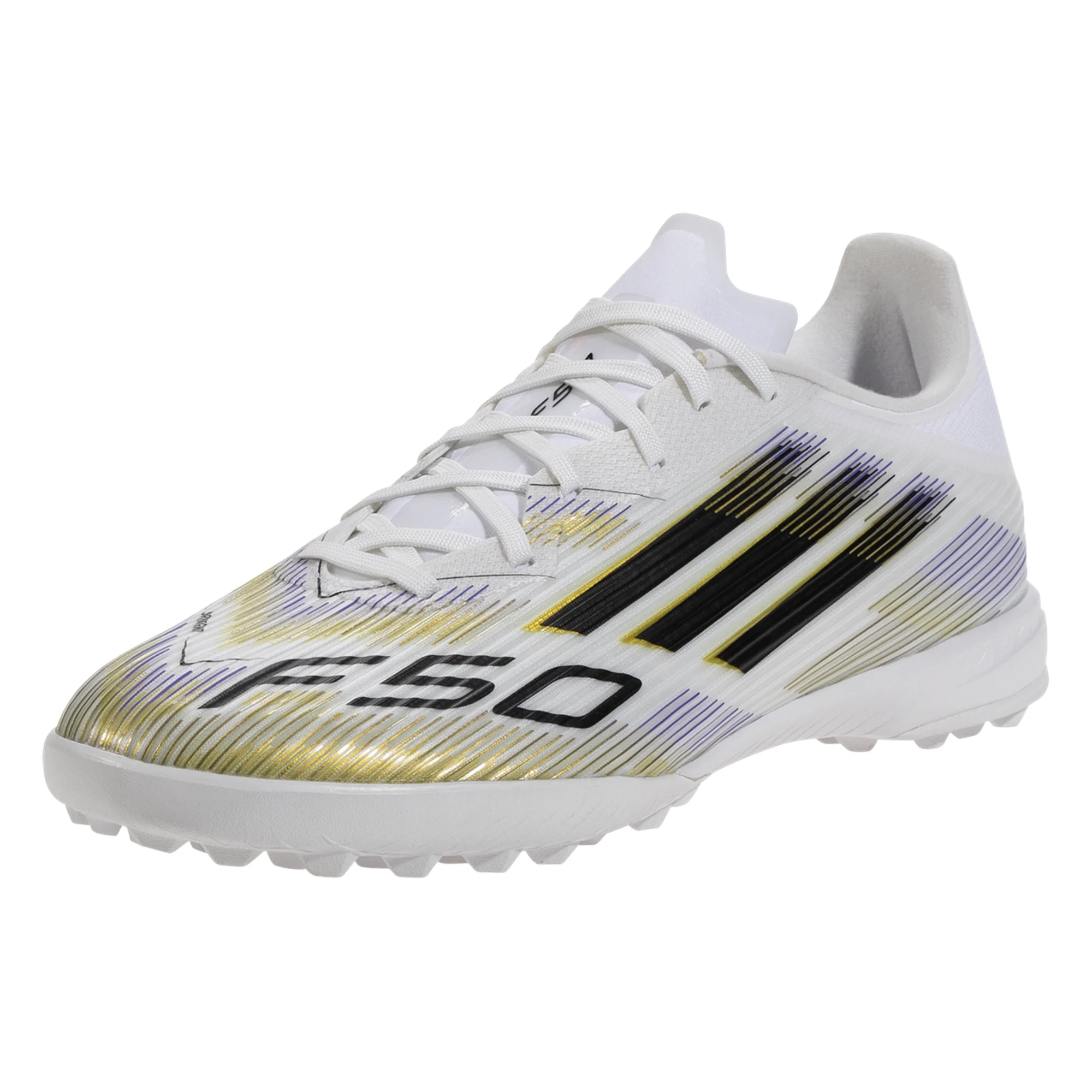 Adidas F50 League Turf Soccer Cleats - White/Black/Metallic Gold - Men's Artificial Grass Football Shoes for Training & Matches