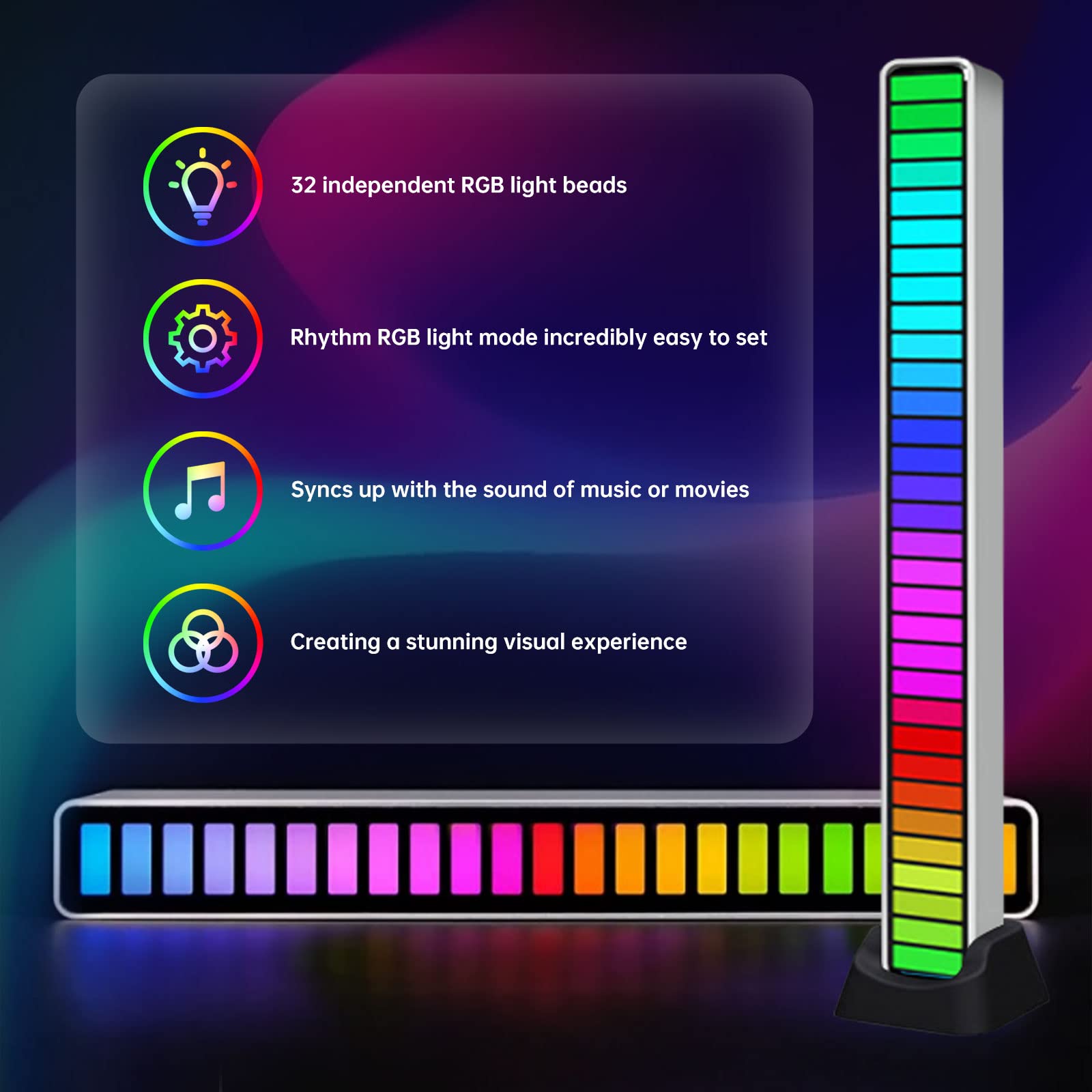 GINGO RGB Voice-Activated Music Light Bar - 32 Bit Audio Spectrum LED with Sound Control for Car, Desktop & Gaming Setup | Perfect for Vehicles, Parties & Home Entertainment