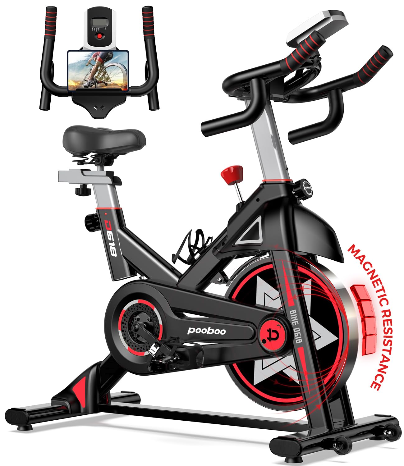 POOBOO Exercise Bike - Silent Belt Drive Indoor Cycling Bike for Home Gym with Comfortable Seat Cushion & Tablet Holder | Perfect for Cardio Workouts, Home Fitness & Apartment Use