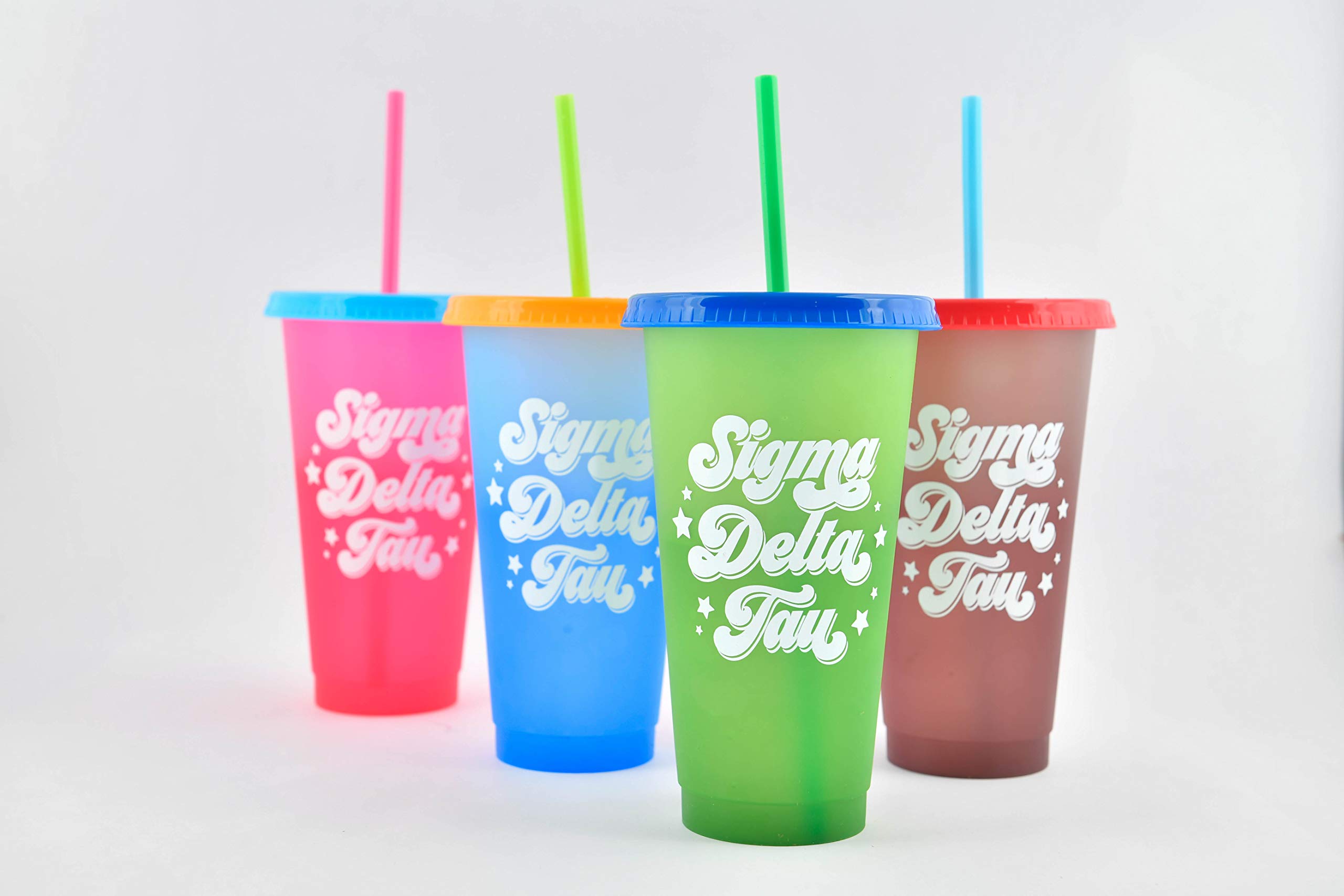Sigma Delta Tau Color Changing Cups - 24oz Reusable Tumbler with Lids & Straws, 4-Pack Insulated Drinking Glasses for Sorority, College, Parties & Outdoor Activities | Retro Design & Mix-and-Match Lids