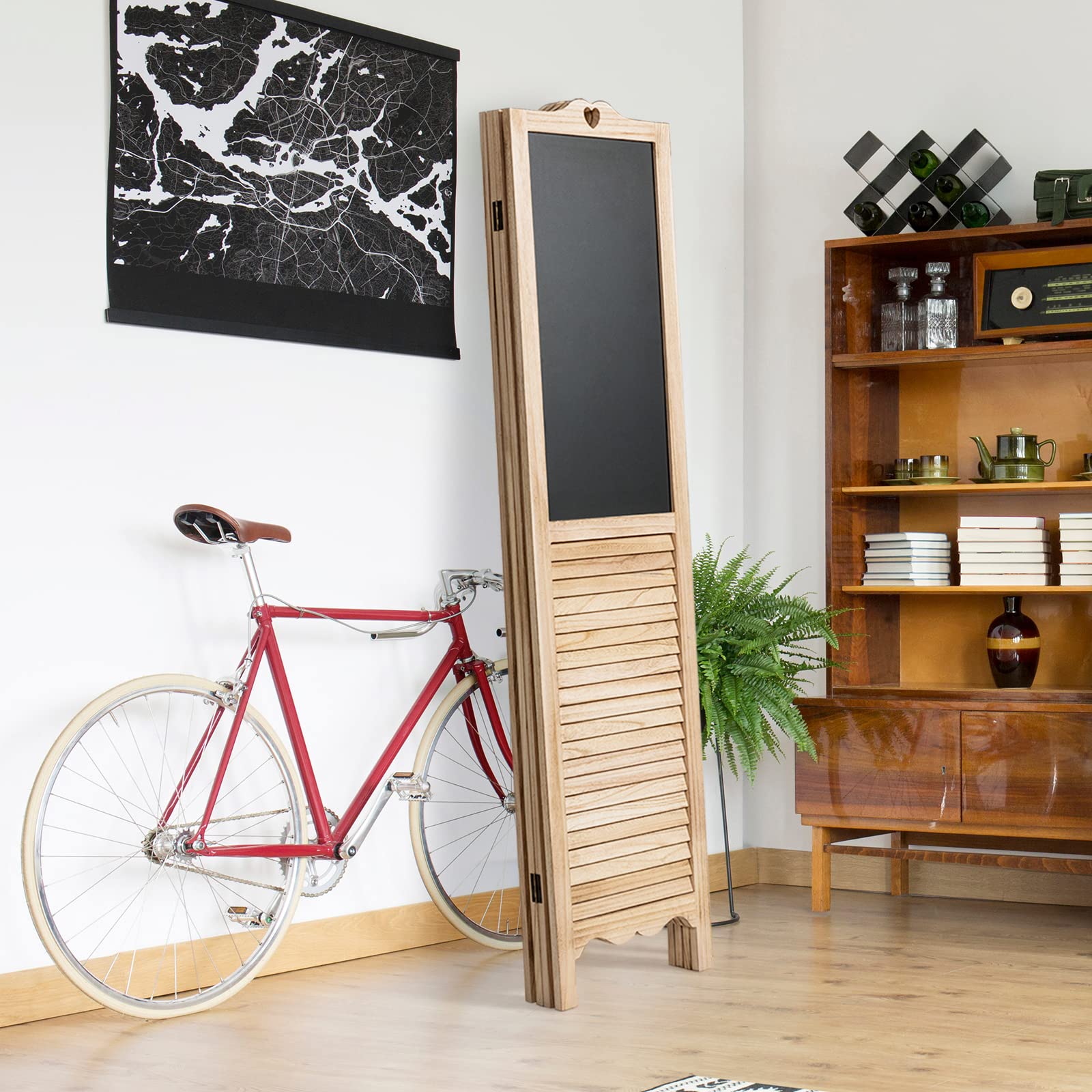 Happygrill 4 Panel Wooden Room Divider with Chalkboard - 5.7 Ft Tall Folding Privacy Screen for Bedroom, Office, Living Room & Restaurant - Perfect for Space Partition, Home Decor & Creative Note-Taking
