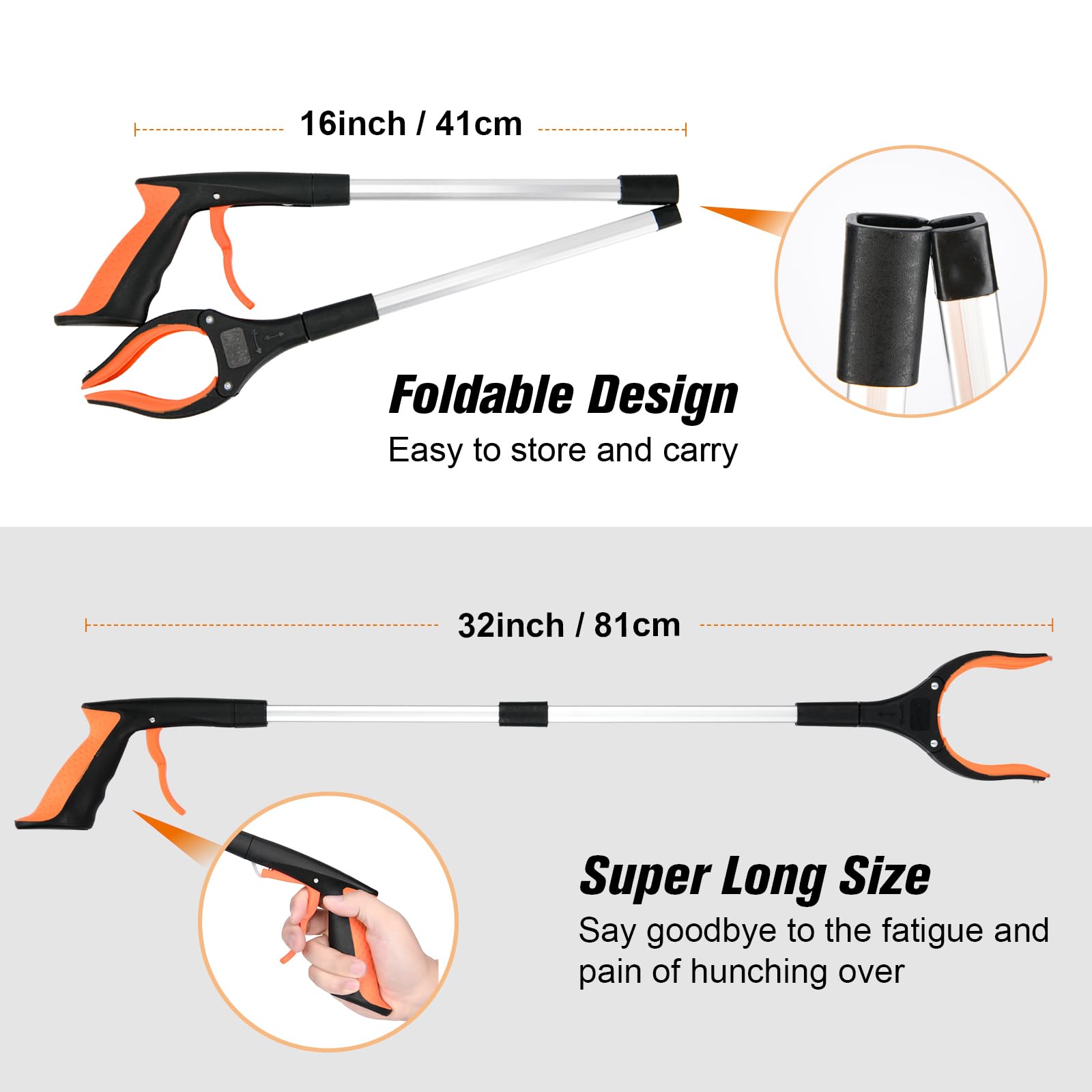 2-Pack 32 Inch Foldable Reacher Grabber Tool with 4 Inch Wide Jaw & 360° Rotating Head - Mobility Aid Assist Grabber for Seniors & Disabled - Ideal for Picking Up Trash, Reaching High Shelves & Daily Living Assistance (Orange)