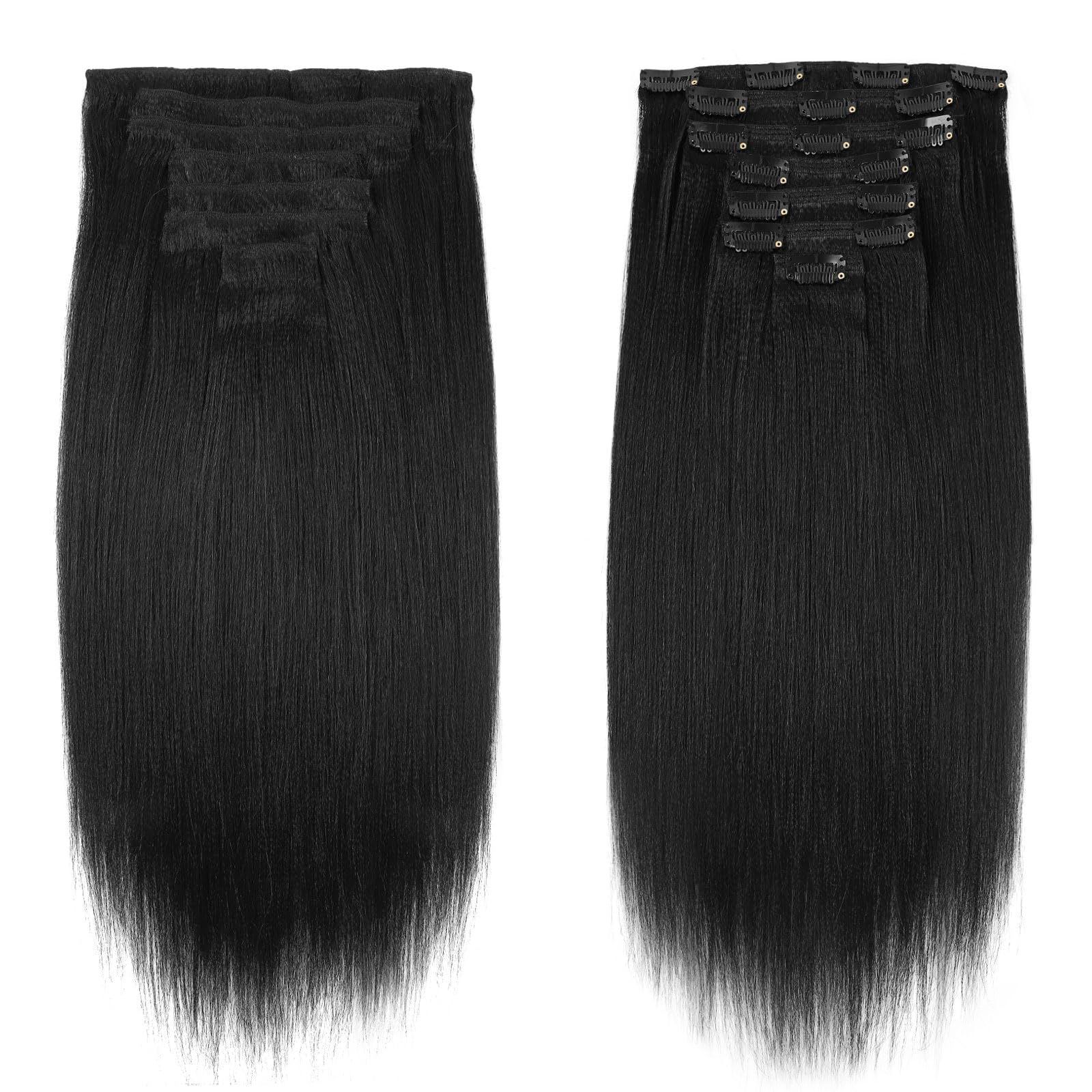 Sassina 22 Inch Yaki Clip-in Human Hair Extensions - Double Weft Remy Straight Hair for Black Women - 7 Pieces with 17 Clips (120g, Jet Black #1) - Perfect for Daily Styling, Parties & Special Occasions