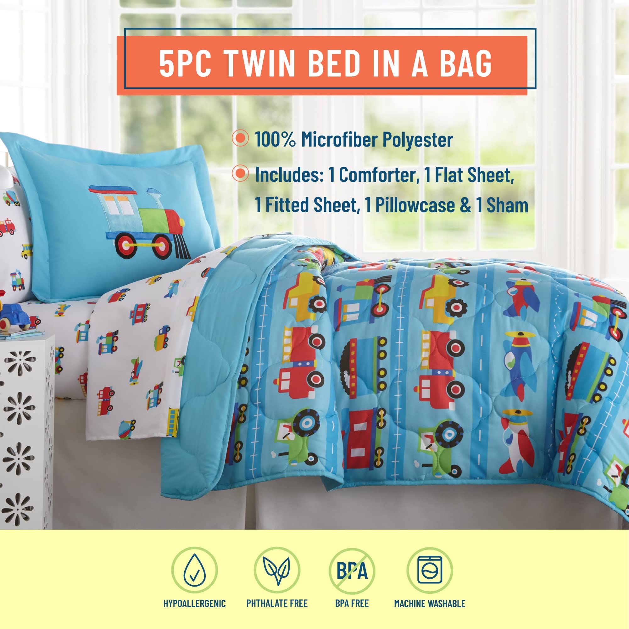 Wildkin Twin Bed in a Bag - 5-Piece Microfiber Bedding Set with Comforter, Pillowcase & Fitted Sheet - Trains, Planes and Trucks Design - Soft & Durable Kids Bedding for Boys Room Decor - Perfect for Toddler Beds, Daycare or Sleepovers