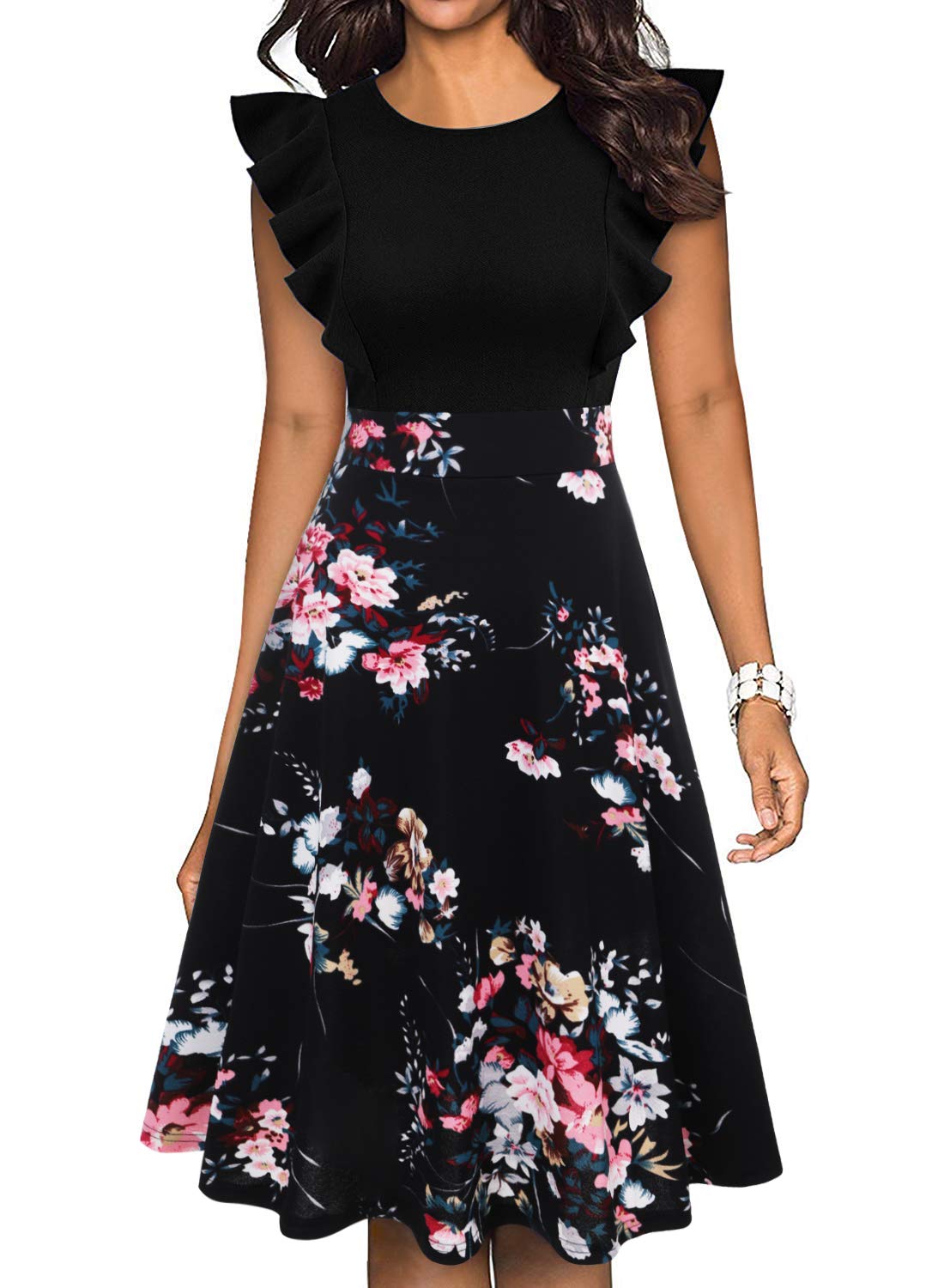 Vintage Floral Ruffle A-Line Swing Dress for Women - Elegant Cocktail Party Dress with Pockets | Perfect for Garden Parties, Date Nights & Special Occasions