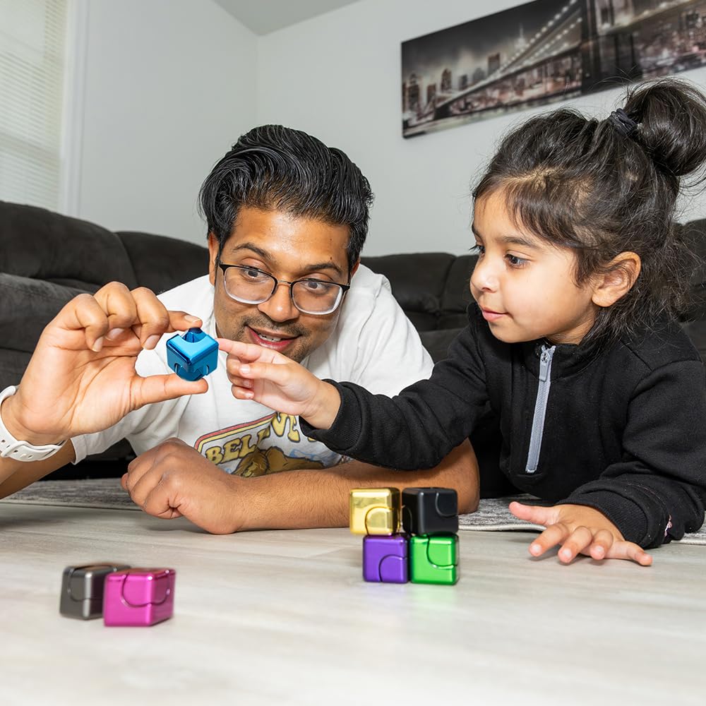 QUBI Cube Spinner 4-in-1 Fidget Toy for Anxiety Relief & Focus - Aluminum Alloy Stress Relief Spinner for Kids & Adults with ADHD, Autism - Blue Desktop EDC Fidget Spinner - Perfect for Office, School & Travel Stress Management