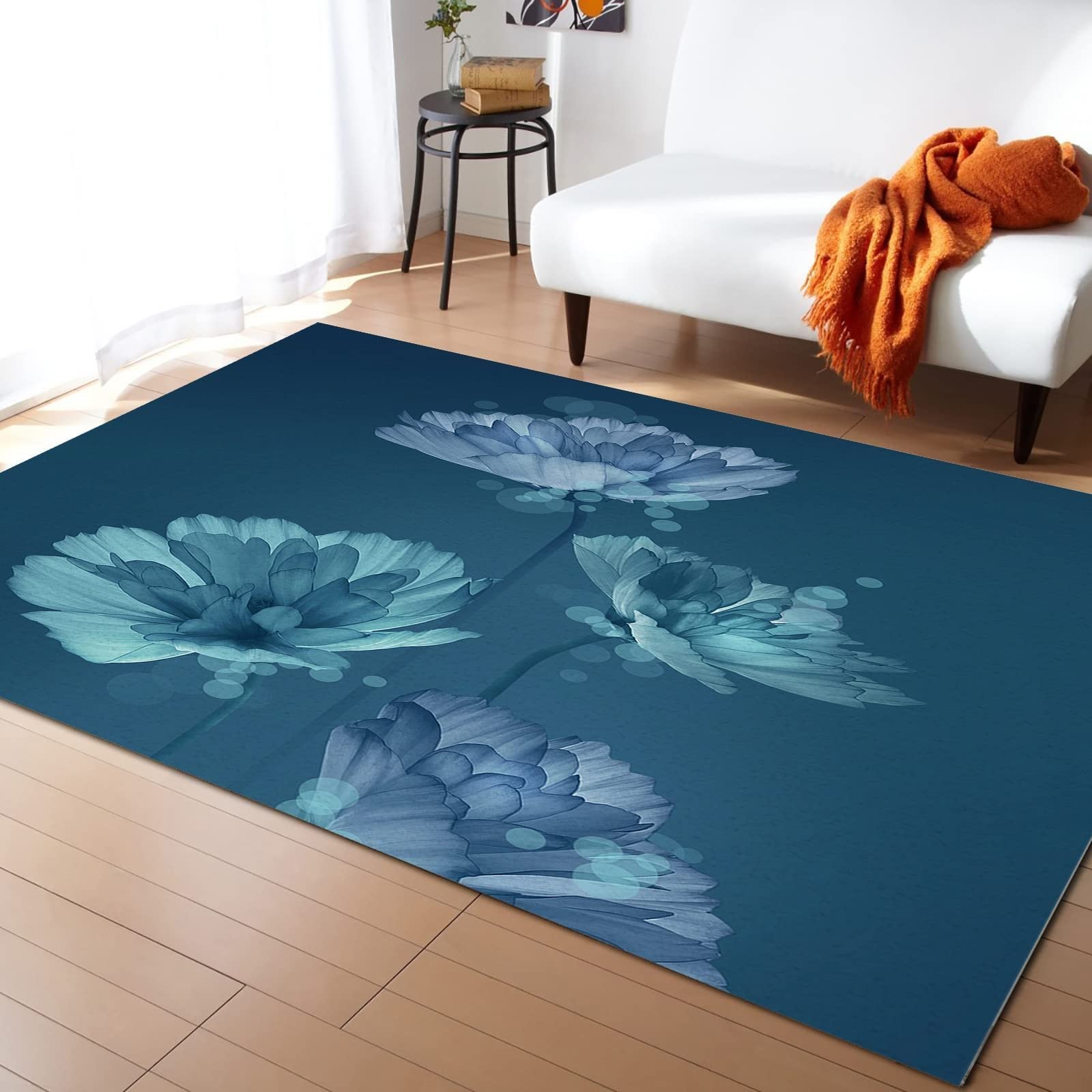 Blue Fantasy Lotus Area Rug - Soft Fog Blue Floral Living Room Carpet, Non-Slip Backing & Easy to Clean, Durable Decor for Bedroom, Dining Room, Office (3x2 ft) - Perfect for Boho Chic Home Decor & Cozy Spaces