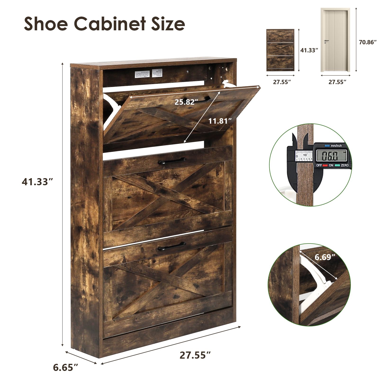 HOPUBUY 3-Tier Narrow Shoe Storage Cabinet - Hidden Rattan Wooden Shoe Rack for Entryway, Hallway, Apartment & Home Organization - Rustic Brown Slim Shoe Shelf for Small Spaces & Clutter-Free Living