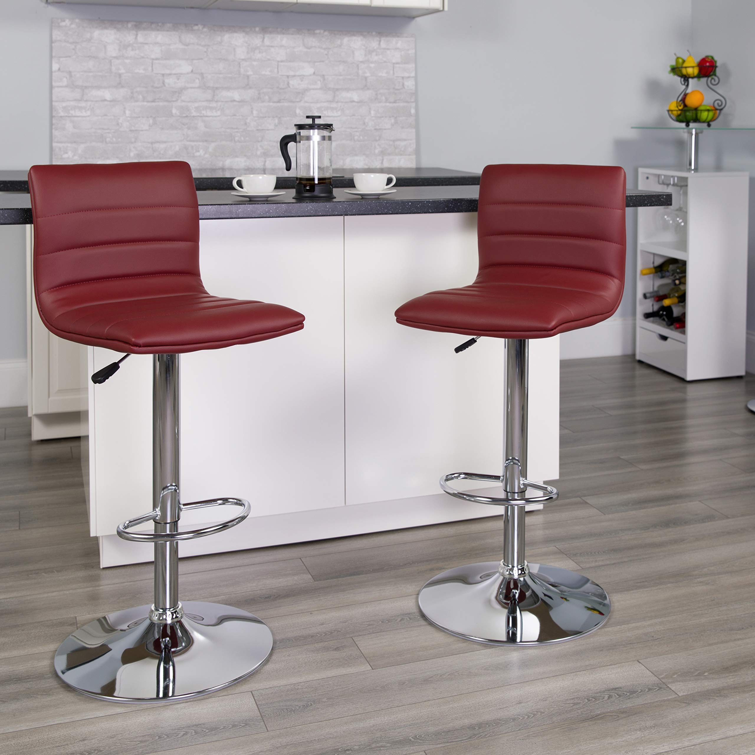 2 Pack Burgundy Vinyl Adjustable Height Bar Stools with Horizontal Stitch Back - Perfect for Kitchen Islands, Breakfast Bars & Home Bars