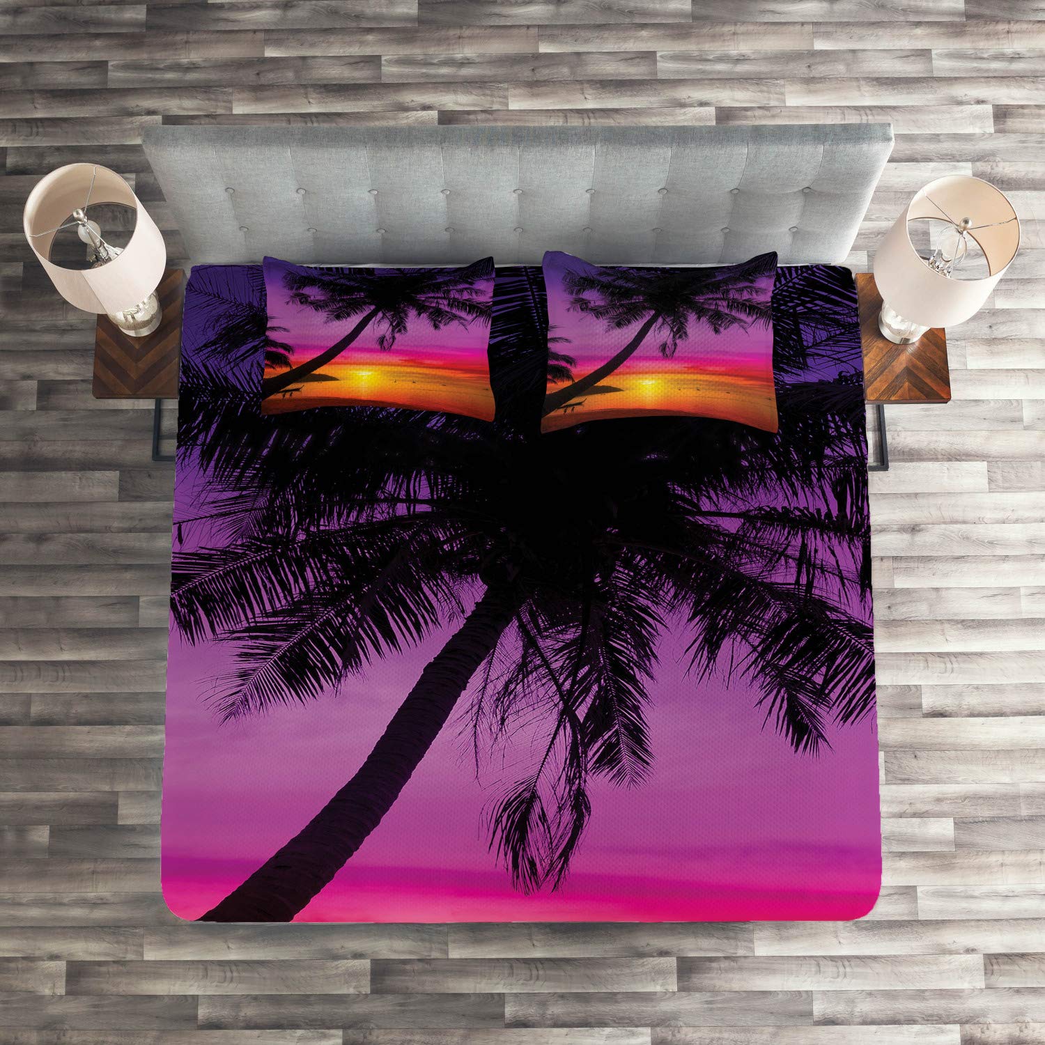 Ambesonne Tropical Queen Size 3-Piece Bedspread Set - Palm Tree Silhouette Beach Sunset Design with 2 Pillow Shams, Purple Orange Black Quilted Coverlet | Perfect for Coastal Bedroom Decor, Vacation Home Styling & Summer-Themed Guest Room