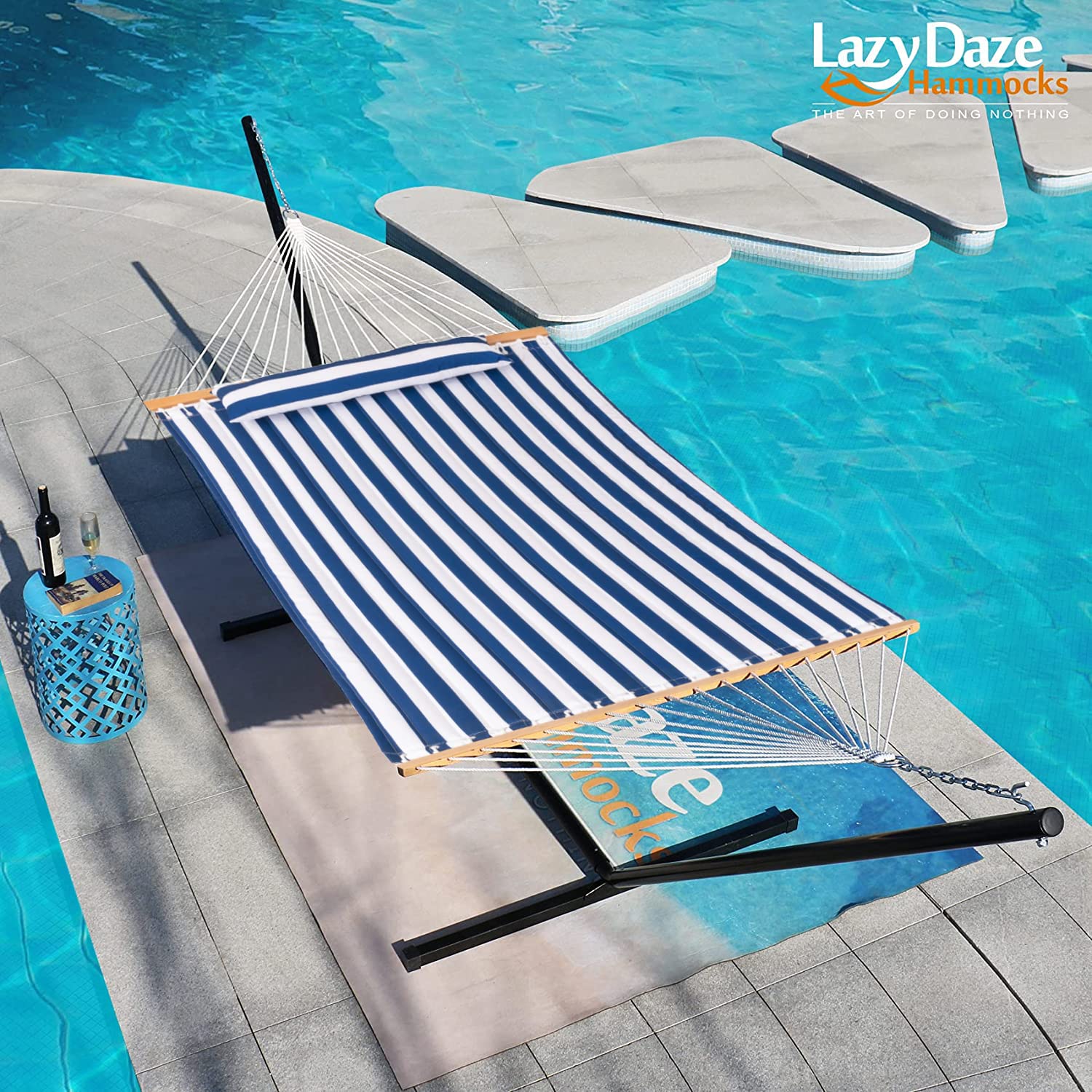 12 FT Quilted Double Hammock with Spreader Bar & Chains - 2-Person Outdoor Hammock for Patio, Poolside, Backyard & Beach - Includes Pillow & 450 lbs Capacity (Blue & White) - Perfect for Relaxing, Lounging & Summer Getaways