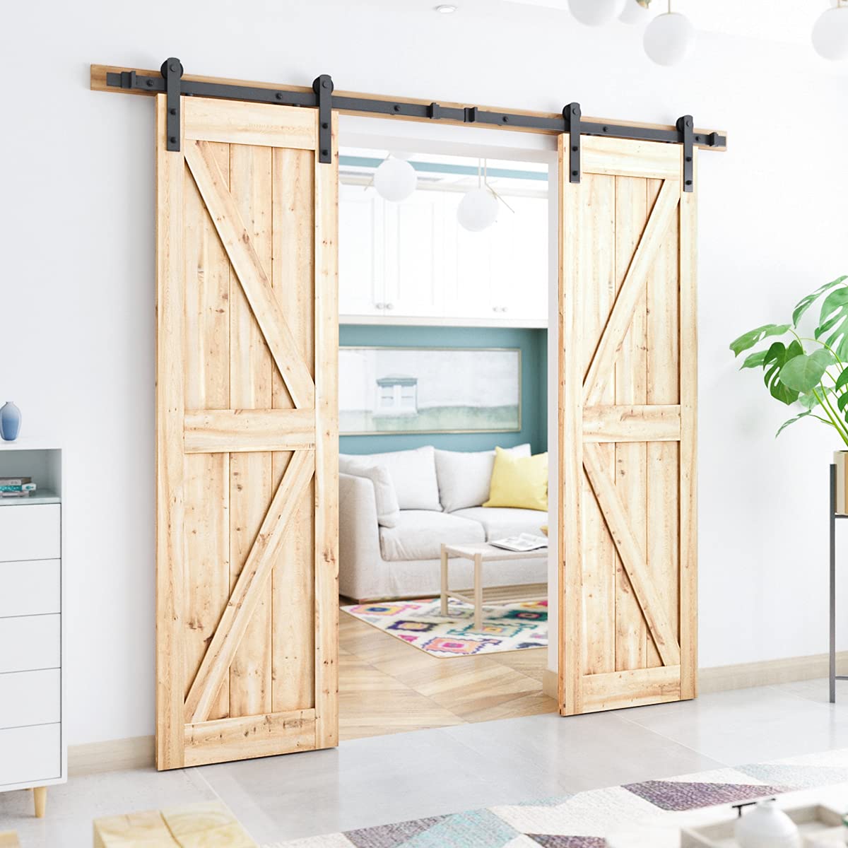 SMARTSTANDARD 9FT Heavy Duty Double Door Sliding Barn Door Hardware Kit - Easy Installation with Step-by-Step Guide for 27