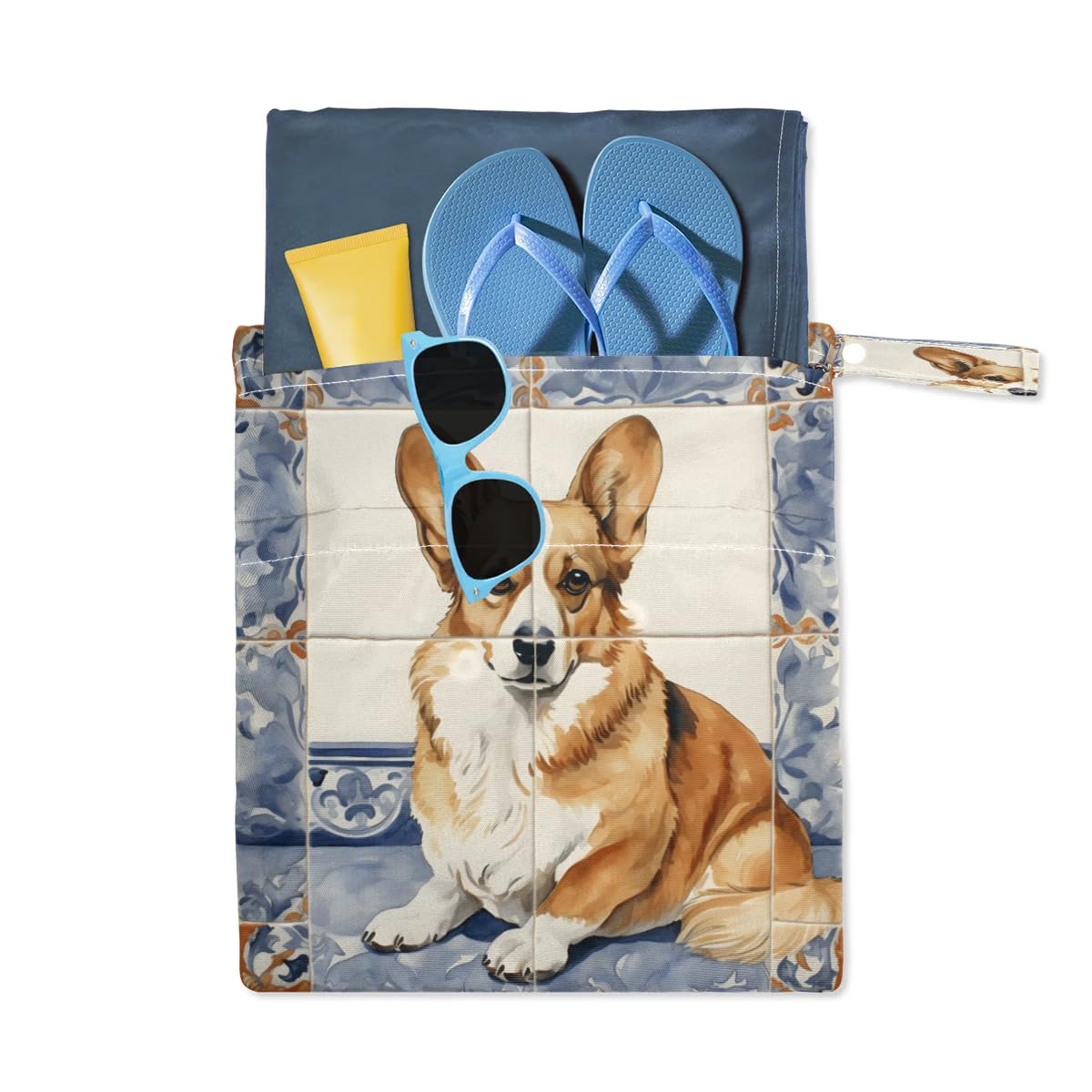 2 Pack Waterproof Wet Dry Bags - Cute Corgi Design Swimsuits & Laundry Organizer for Beach, Pool, Gym, Yoga | Reusable Cloth Diaper Storage & Bathing Suit Travel Bag