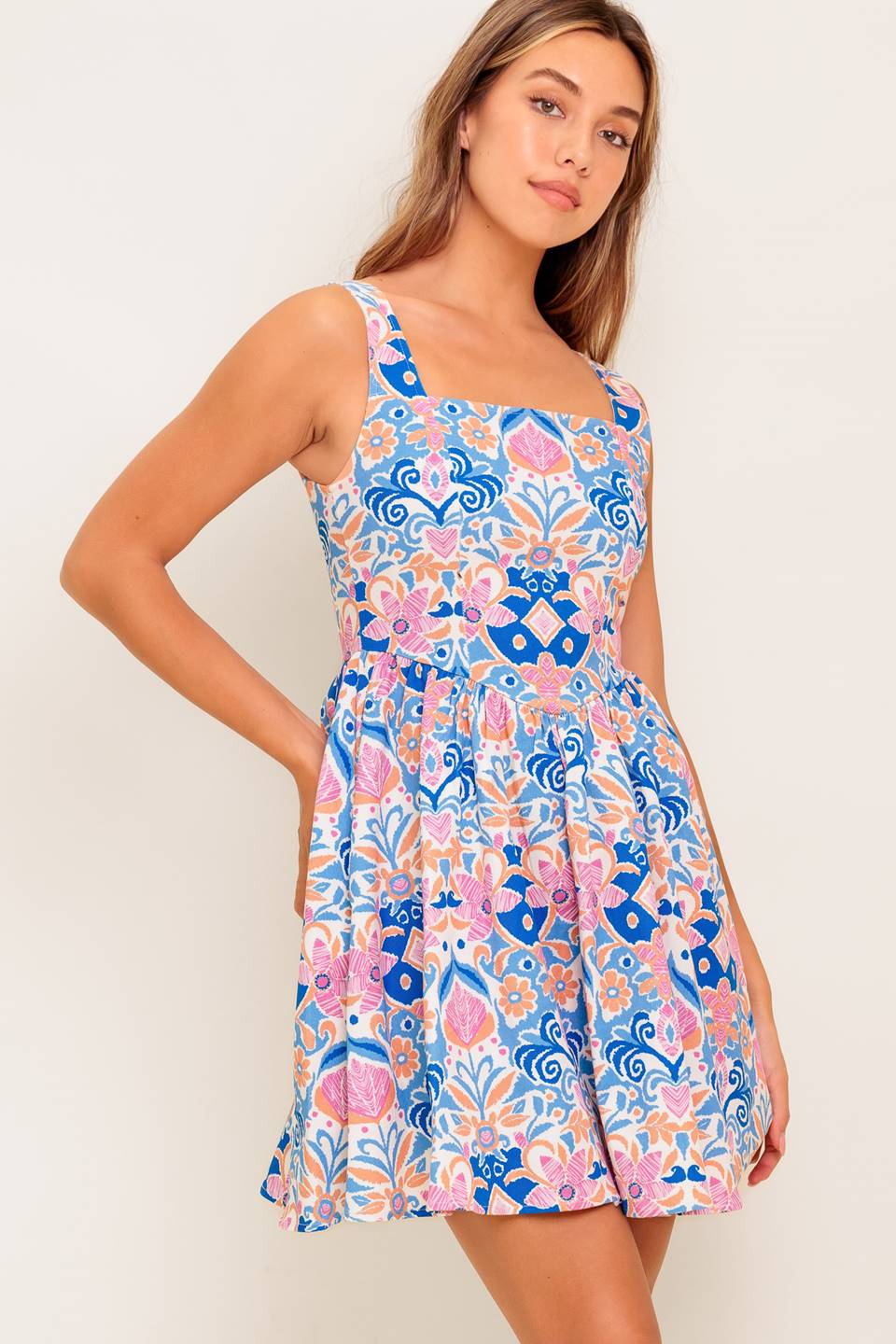 Kendra Blue Coral Print Mini Dress - Flowy Summer Beach Dress for Women, Perfect for Vacations, Parties & Date Nights