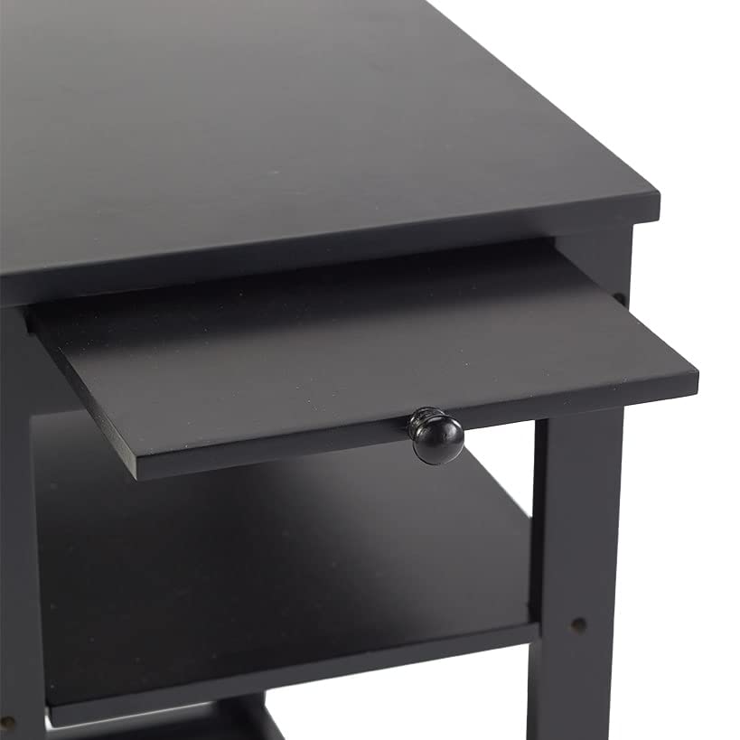 Compact Side Accent Table with Sliding Pull Tray & Shelf - Small Space End Table for Living Room, Bedroom, Office - Black Wood Nightstand for Home Decor