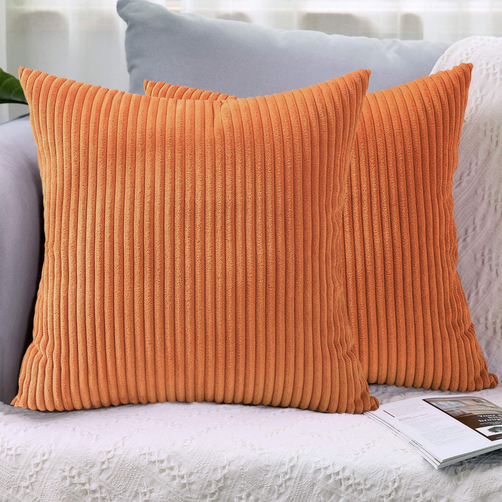 LHKIS 20x20 Inch Corduroy Throw Pillow Covers Set of 2 - Farmhouse Decorative Cushion Covers for Couch, Sofa, Bedroom & Car - Lily Orange Design - Cozy Home & Office Decor