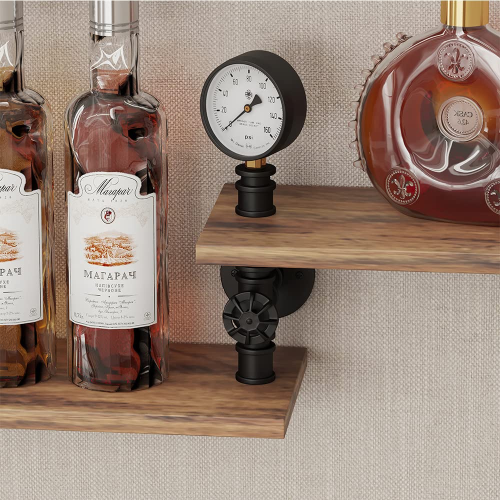 3 Tier Industrial Wall Wine Rack - 46 Inch Floating Bar Shelf with 4 Stem Glass Holder | Pipe Shelving for Wine & Liquor Storage | Wall Mounted Kitchen & Living Room Decor (Black) | Perfect for Home Bars, Dining Rooms & Entertaining Spaces