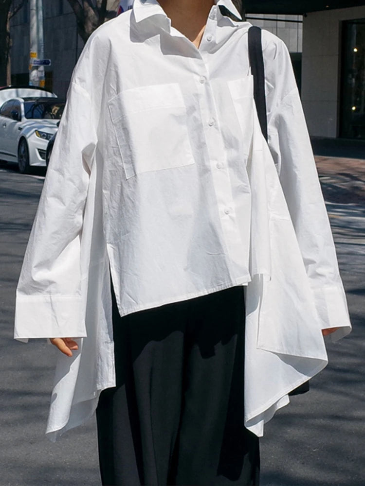 Batwing Sleeve Casual Shirt for Women - Long Sleeve Blouse with Big Pockets, Korean Fashion Tops for Summer | Perfect for Office Wear, Date Night & Casual Outfits