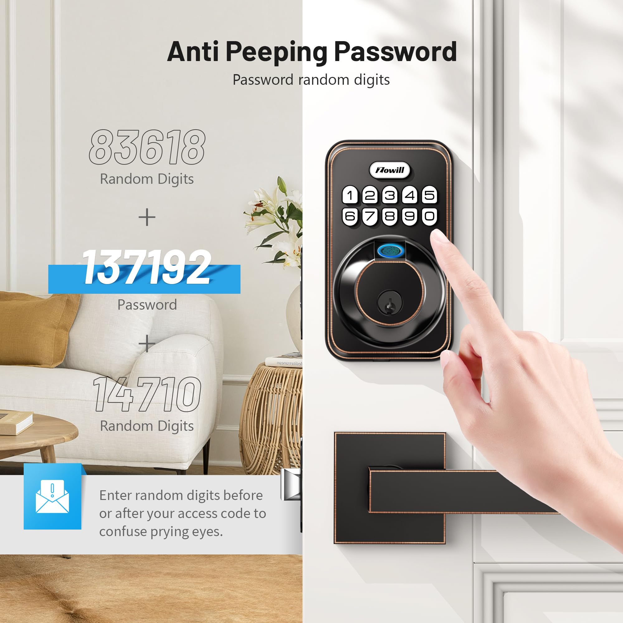 Zowill DK02A-L Smart Fingerprint Front Door Lock Set with 2 Handles - Auto Lock & One-Touch Lock, Easy Installation, Electronic Keypad Deadbolt, Keyless Entry Door Lock for Home Security | Perfect for Apartments, Houses & Vacation Homes