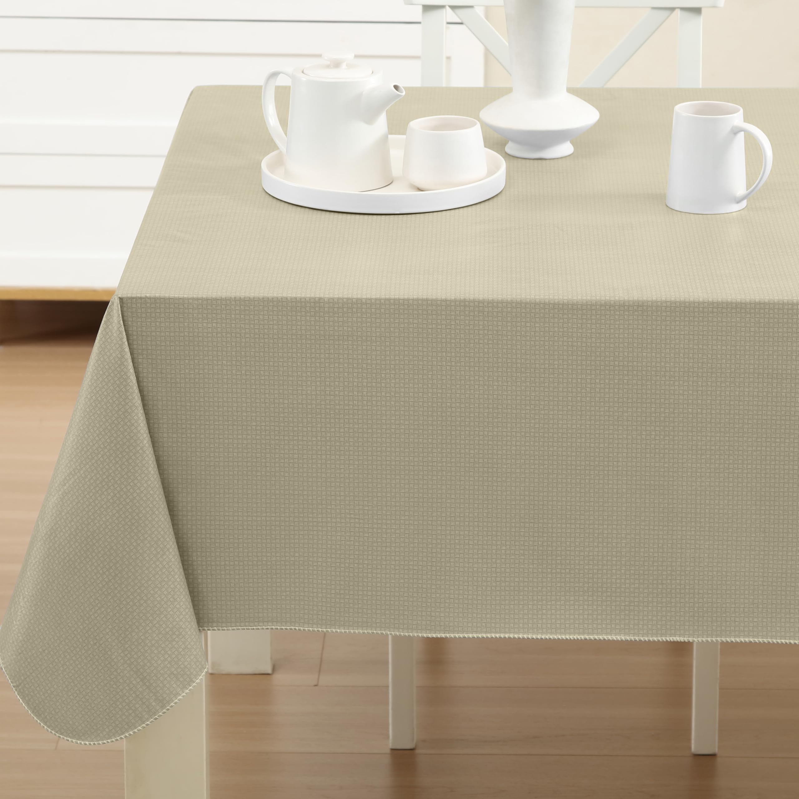 Premium Basketweave Textured Vinyl Tablecloth - Waterproof Indoor/Outdoor Flannel Backed Table Cover - 52x52 Inch Square Natural Color for Patio, Kitchen & Dining Decor