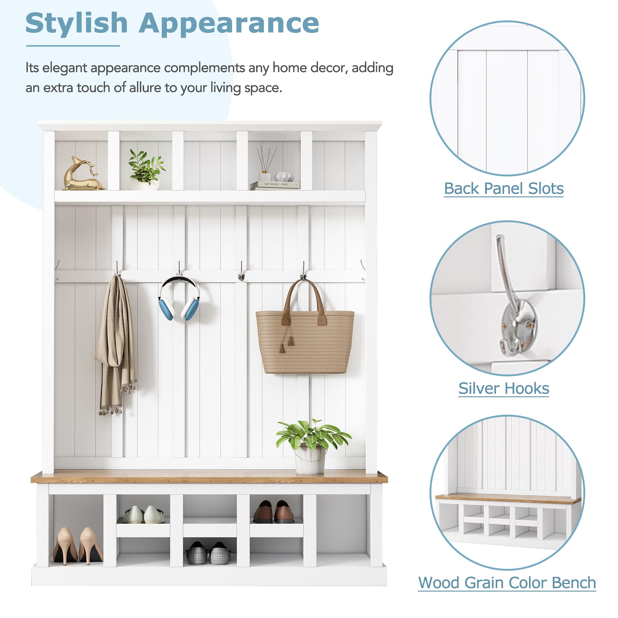 78''H Wide Entryway Hall Tree with Top Shelves, 6 Hooks & Storage Bench - White Shoe Cabinet with Cube Storage for Living Room, Mudroom & Hallway Organization | Perfect for Entryway Decor, Coat Hanging & Shoe Storage