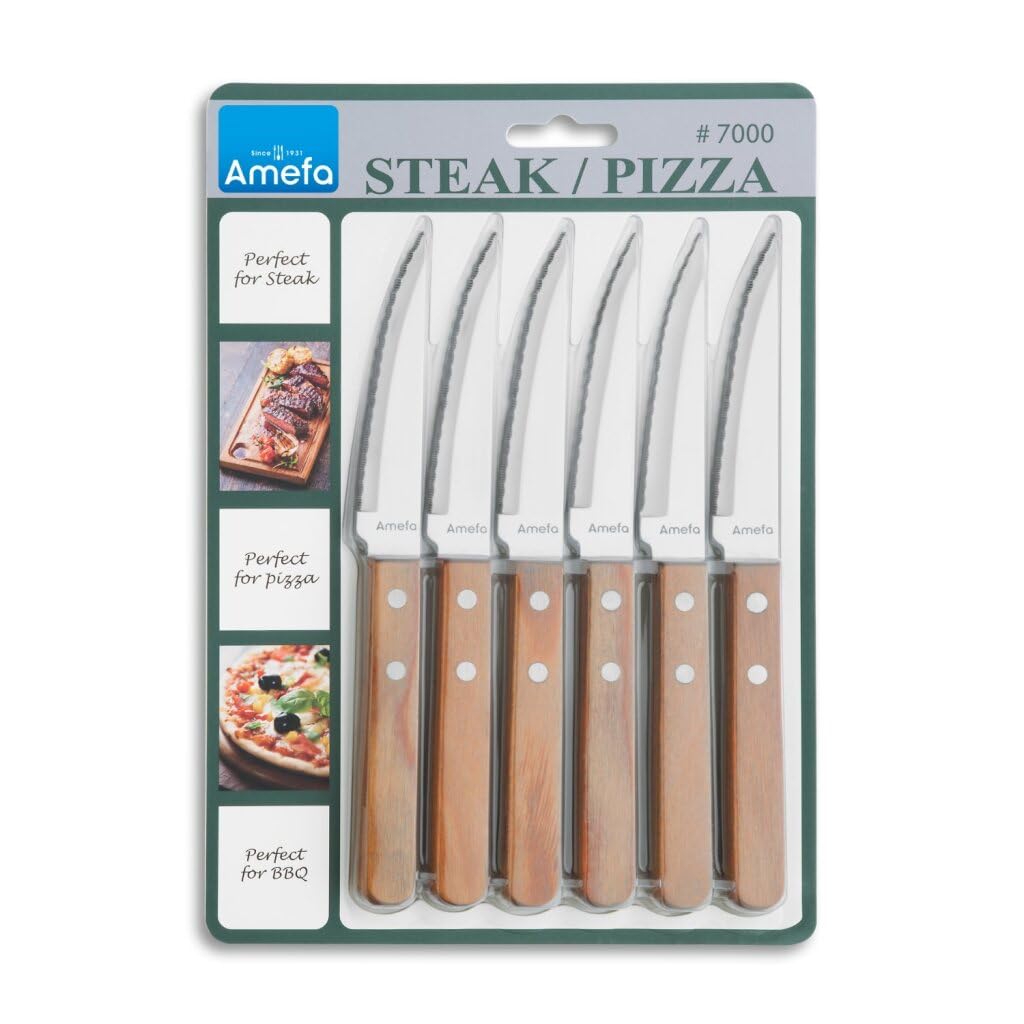 Amefa 7000 Series Wooden Handle Pizza & Steak Knives Set - 6-Piece Natural Color Kitchen Cutlery for Slicing, Serving & Entertaining