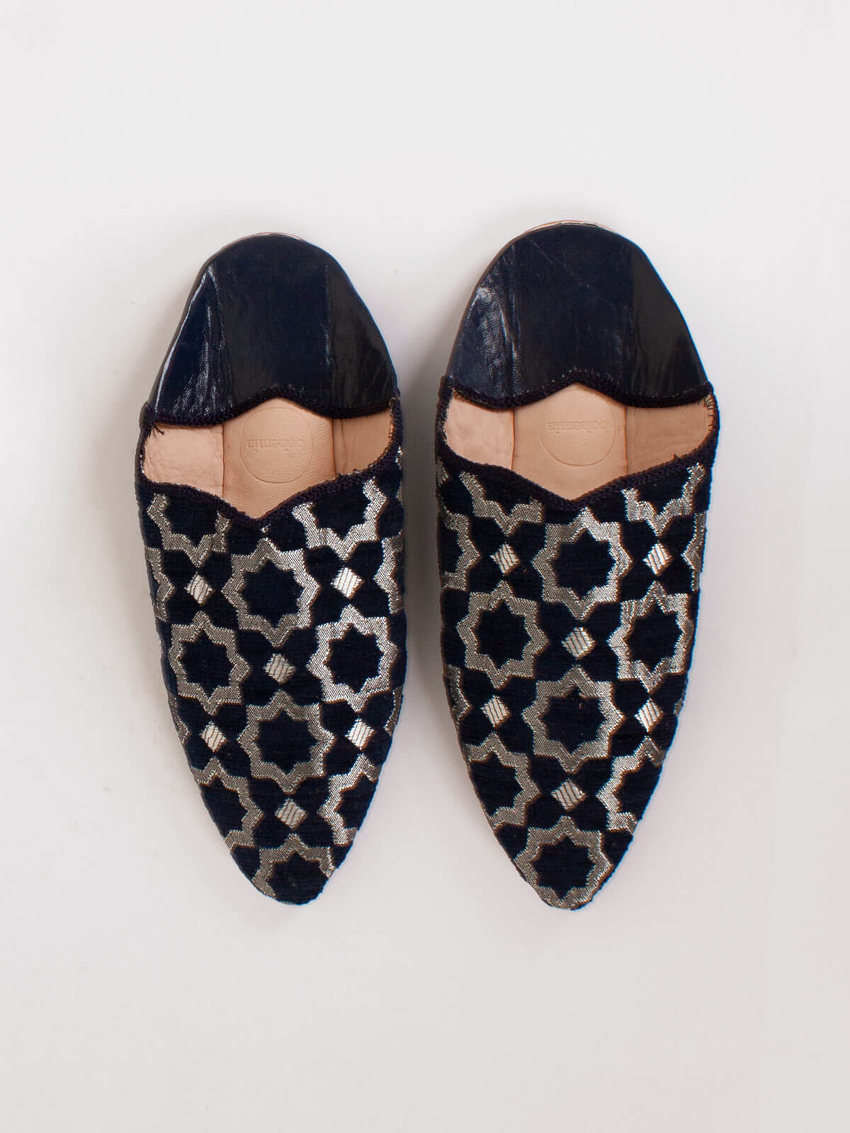 Authentic Moroccan Star Brocade Pointed Babouche Slippers - Handmade Indigo Leather House Shoes | Perfect for Home, Lounge & Cultural Events