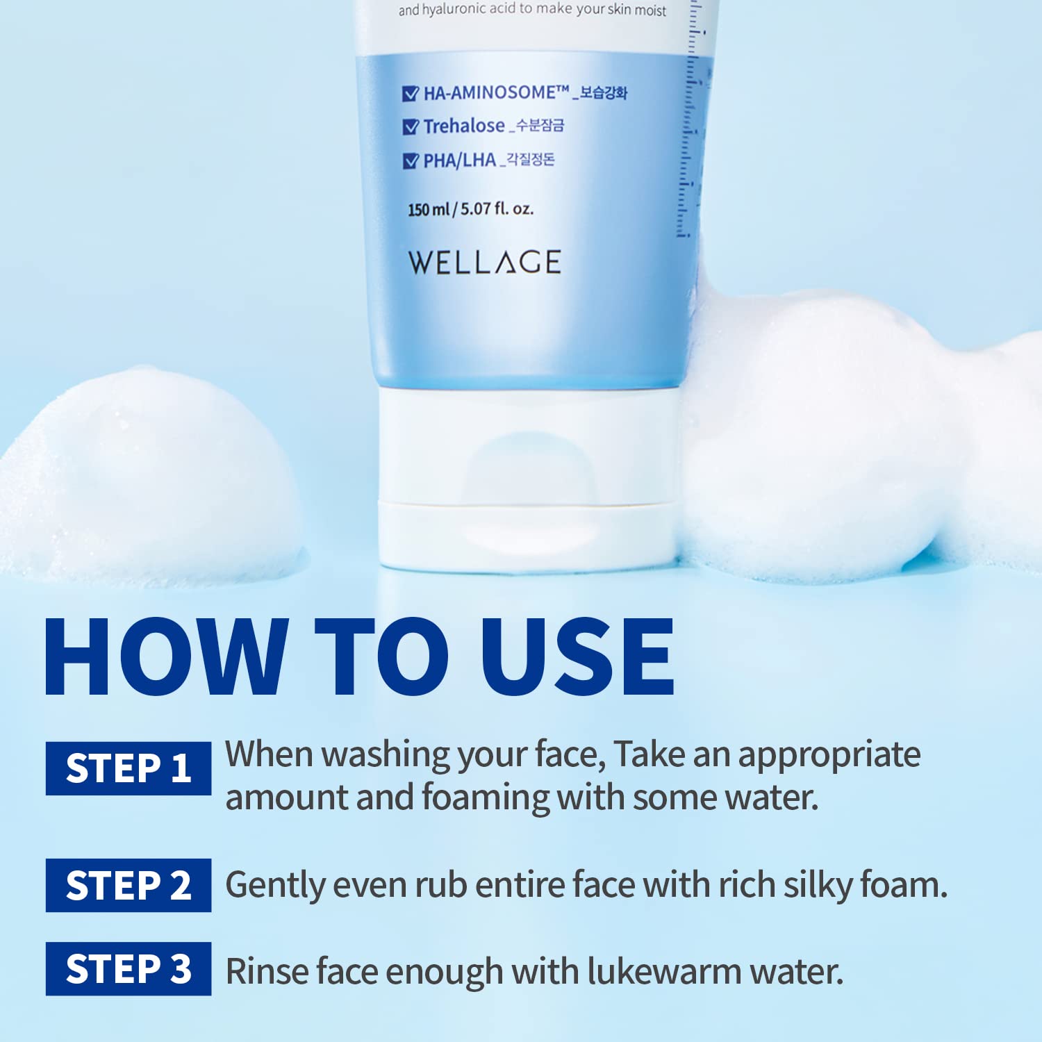 Wellage Real Hyaluronic Amino Cleansing Foam - Hydrating Face Wash with Hyaluronic Acid & Amino Acids | pH Balanced Deep Cleaning Facial Cleanser for Dry & Sensitive Skin | 5.07 oz | Perfect for Morning & Night Skincare Routine