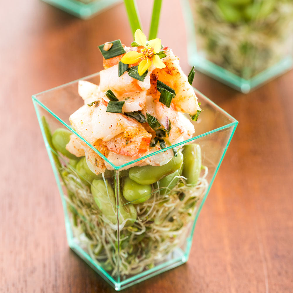 100 Pack 2 oz Square Seagreen Plastic Bonito Cups with 100 Silver Mini Forks - Perfect for Party Appetizers, Sushi Serving, and Small Bite Desserts