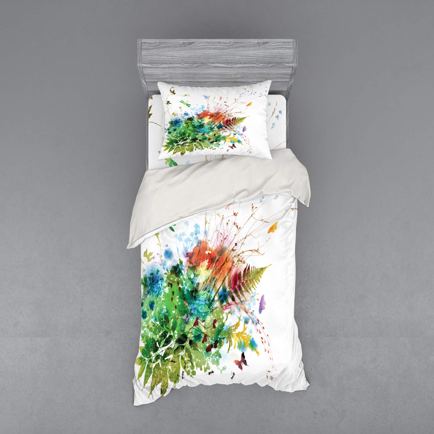 Ambesonne Watercolor Duvet Cover Set - Floral Jungle Foliage Summer Design with Butterflies & Dragonflies | 3-Piece Bedding Set Includes Sham & Fitted Sheet | Twin Size Multicolor | Perfect for Summer Bedroom Decor & Boho Chic Home Styling