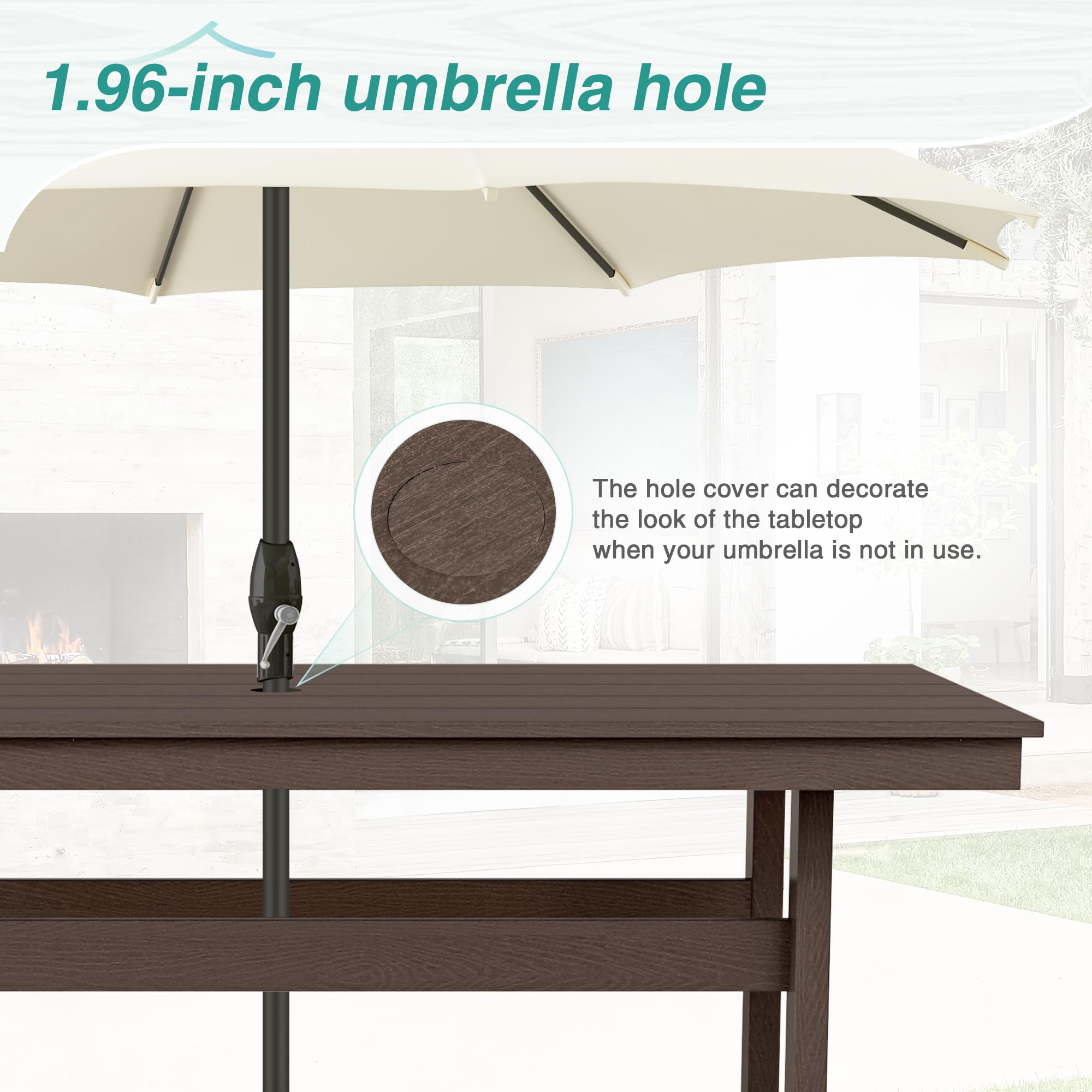 7-Piece HDPE Weather-Resistant Outdoor Dining Set with Umbrella Hole - Rectangle Patio Table & 6 Chairs for Balcony, Garden, Backyard (Dark Brown) | Perfect for BBQs, Family Gatherings & Outdoor Entertaining