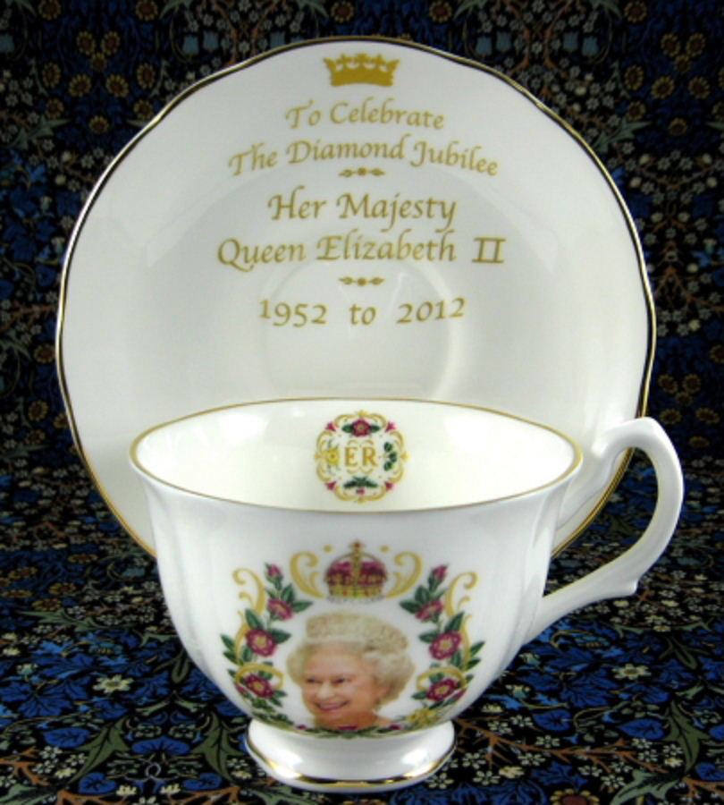 Queen Elizabeth II Diamond Jubilee Commemorative Cup and Saucer Set - English Bone China 2012 Limited Edition - Perfect for Royal Collectors, Tea Parties & British Memorabilia Displays
